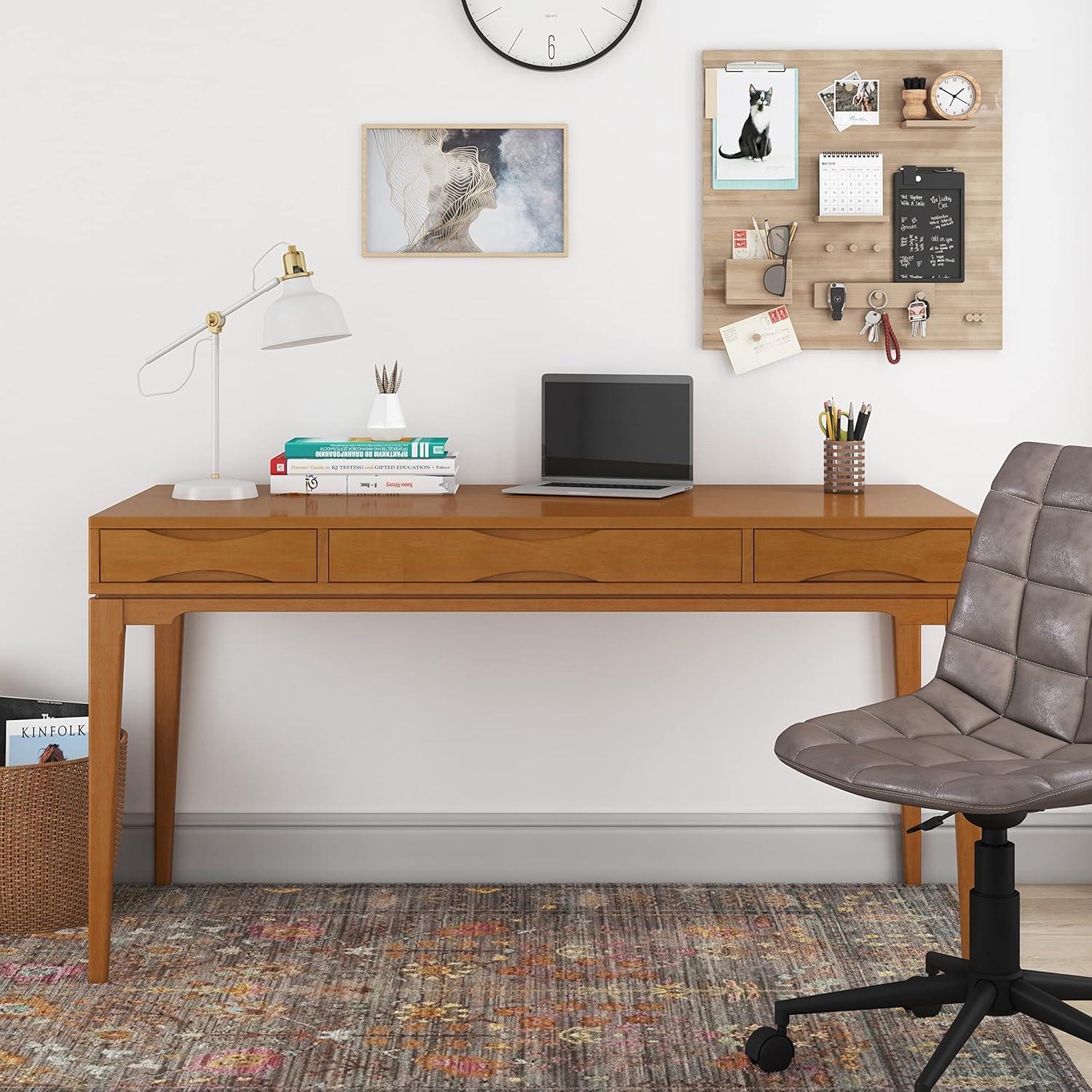 Simpli Home Harper Solid Wood Mid-Century Modern 60" Desk in Light Golden Brown