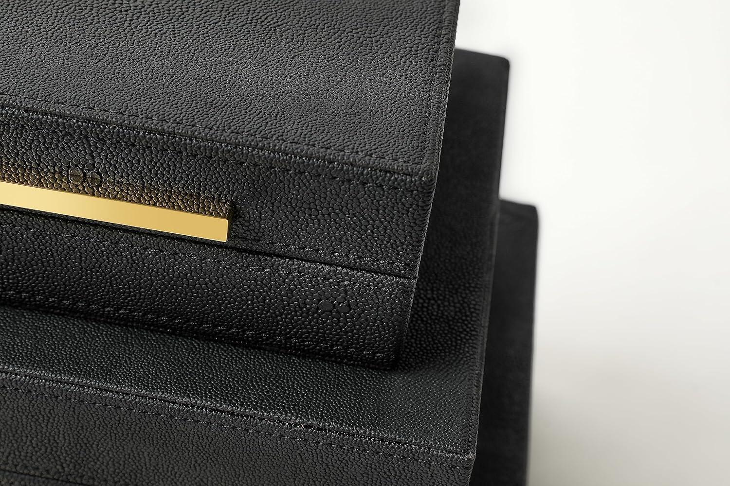 Faux  Leather Decorative Jewelry Storage Nesting Organizer Boxes with Lids Gold Handle Set of 3, Black