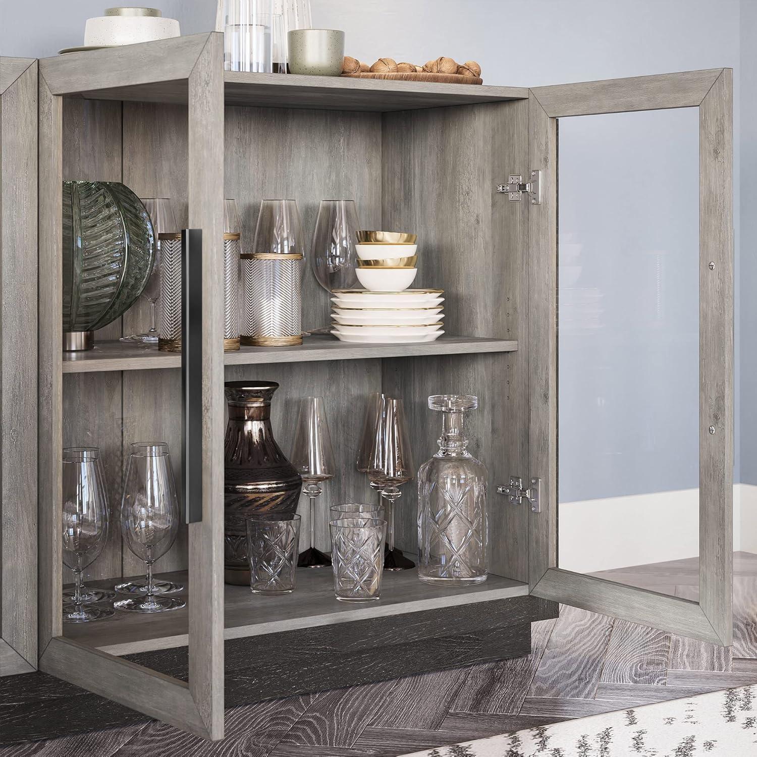 BELLEZE Sideboard Buffet Cabinet, Modern Wood Glass-Buffet-Sideboard with Storage, Console Table for Kitchen, Dinning Room, Living Room, Hallway, or Entrance - Brixston (Grey)