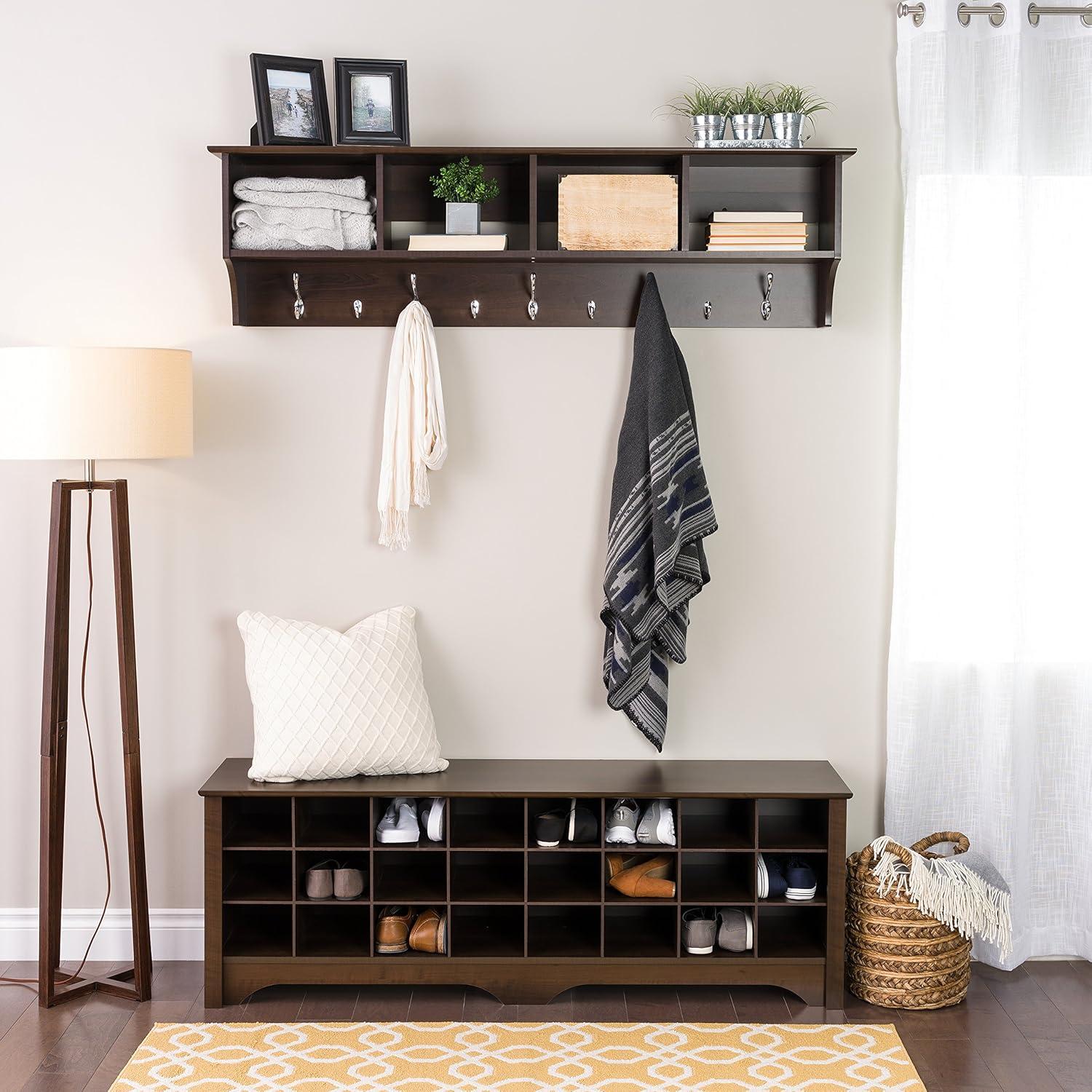 Douglas Entryway Hanging Shelf: Prepac Wall Organizer with Storage & Coat Hooks - 60" Wide