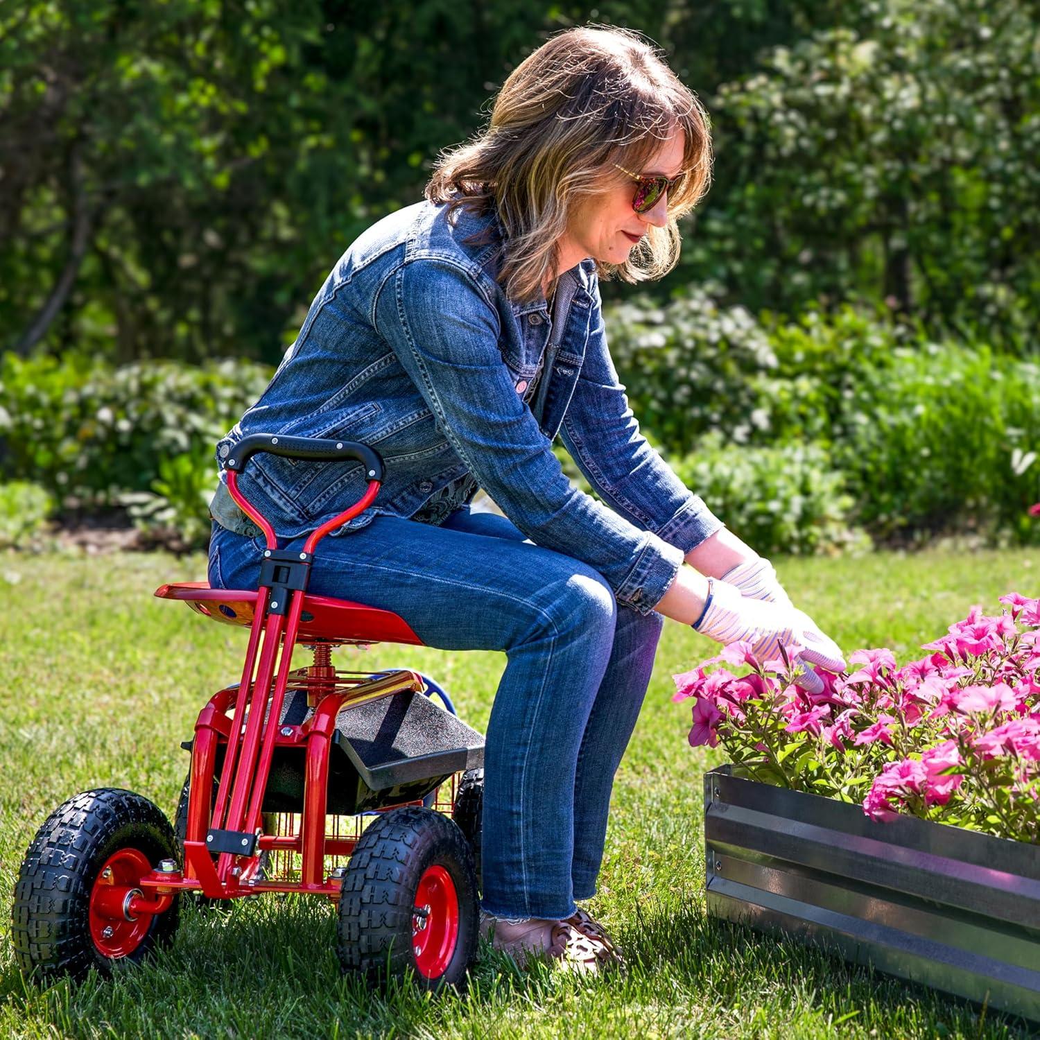 Sunnydaze Outdoor Heavy-Duty Steel Rolling Gardening Cart with Extendable Steer Handle, Swivel Chair, Tool Tray, and Basket - Red