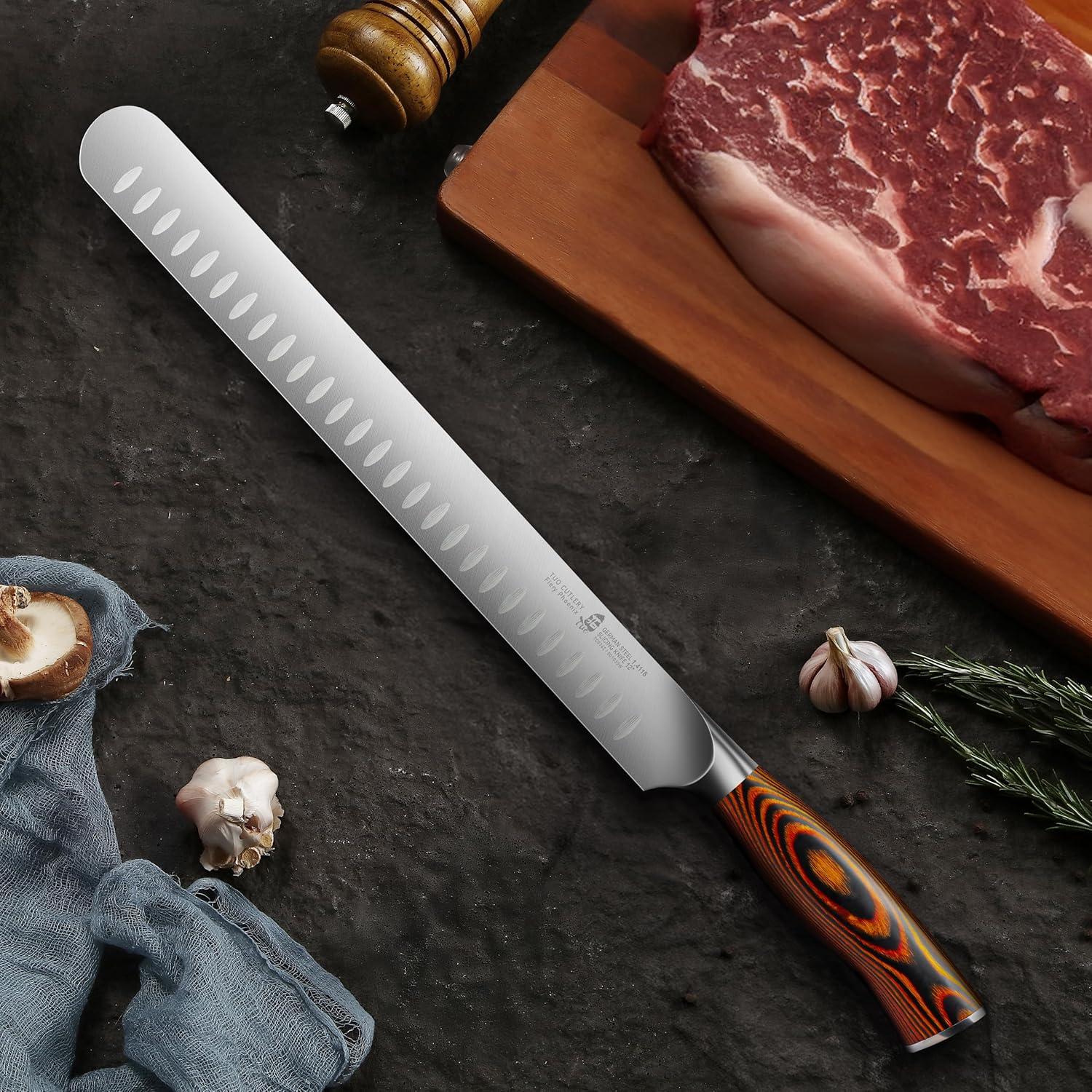 TUO Slicing Knife 12" Granton Carving Knives Hollow Ground Meat Cutting Knife-