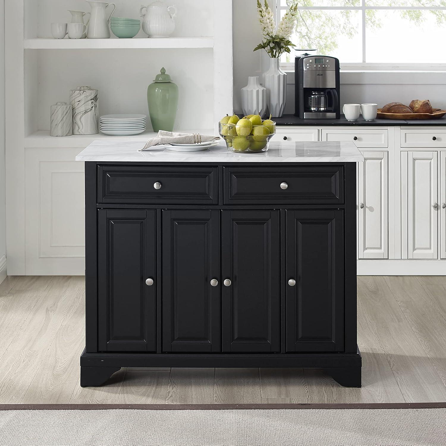 Avery Distressed Black Kitchen Island with Faux-Marble Top