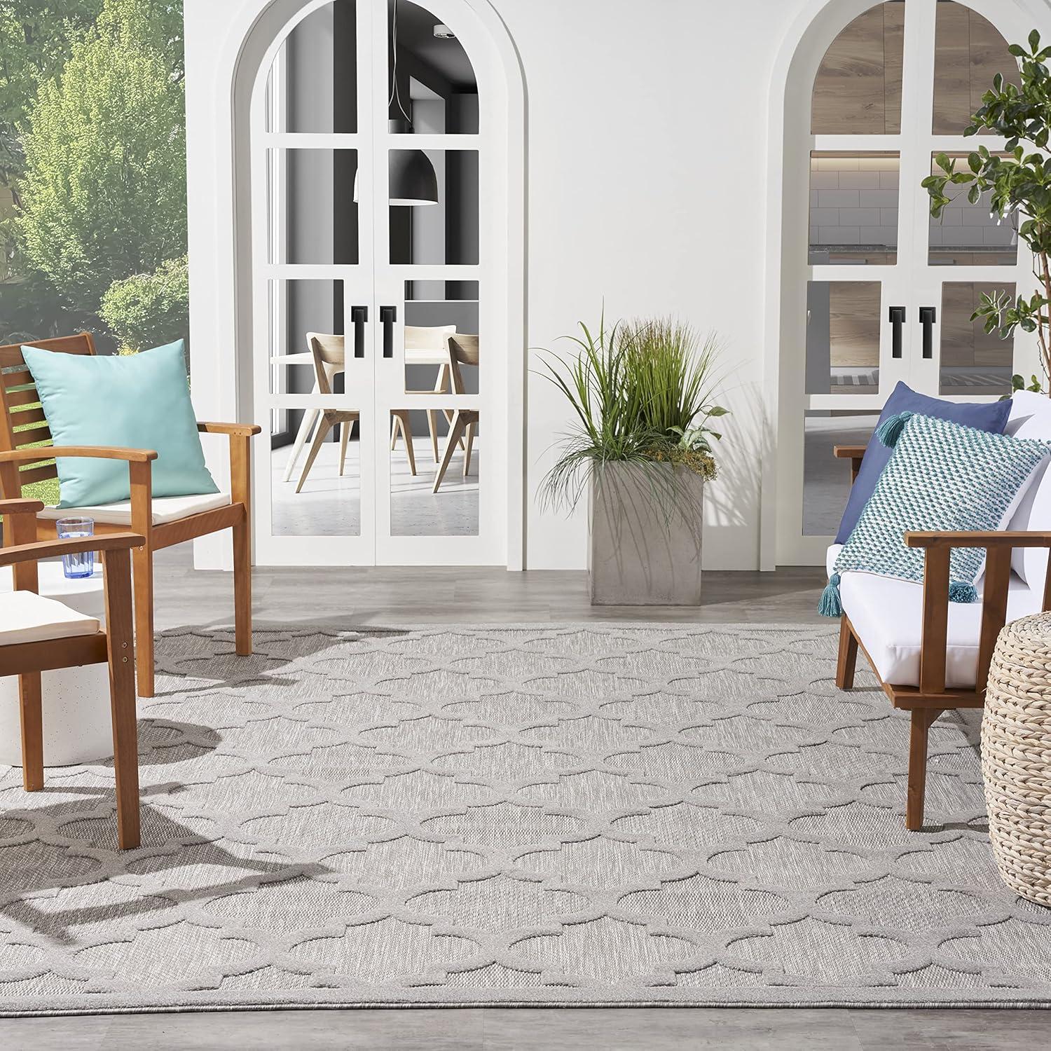 Silver Grey Trellis Square Indoor/Outdoor Easy Care Rug