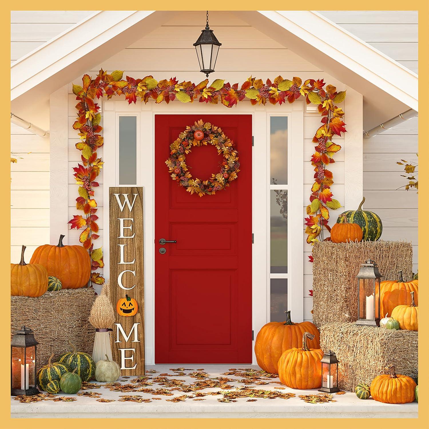 ALBEN Welcome Sign For Front Door Porch With Ornamental Tiles - 8 Interchangeable Seasonal Tiles, Celebrate Holidays and Seasons, Vertical Wooden Outdoor and Indoor Welcome Home Decor Sign