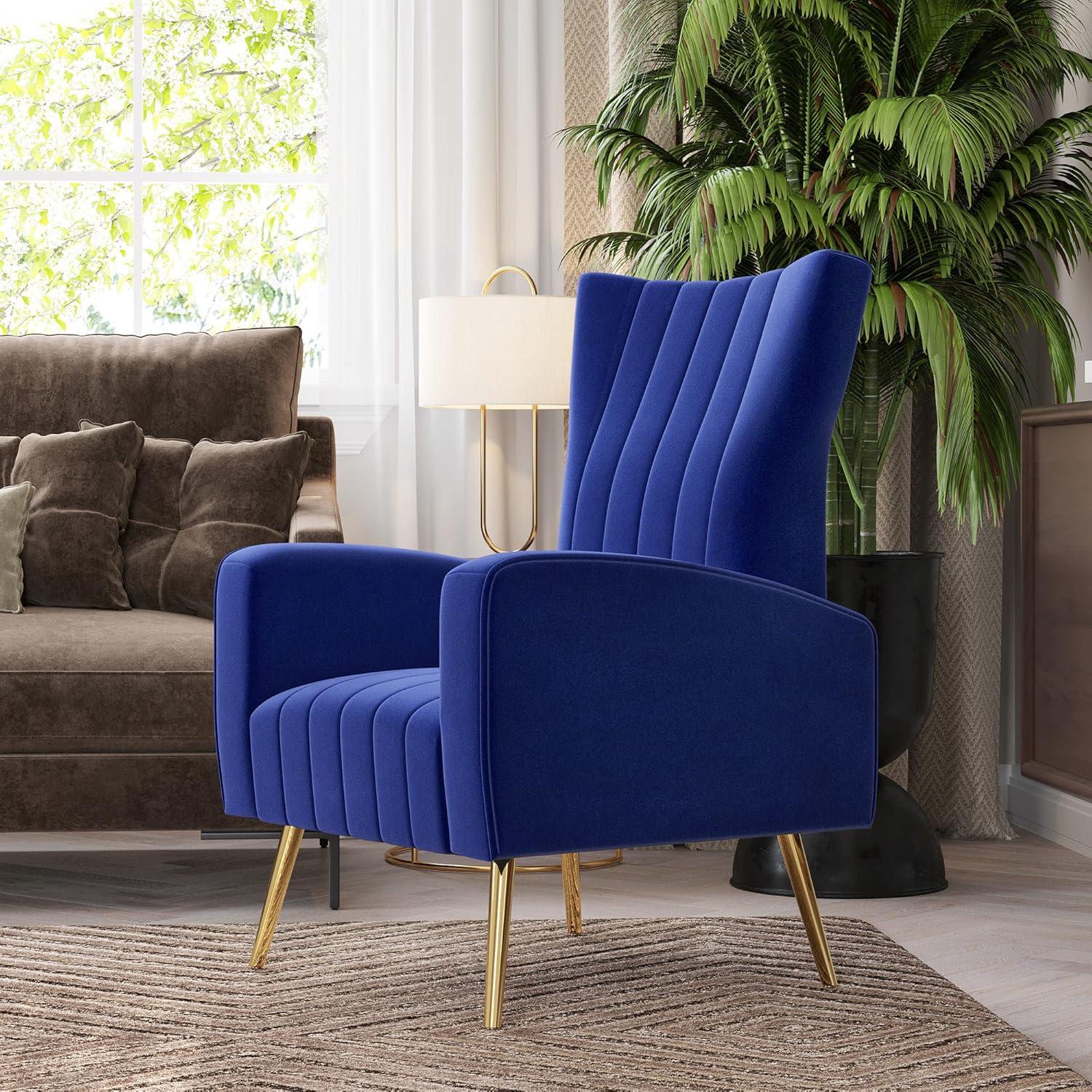 Navy Blue Velvet Wingback Accent Chair with Gold Legs