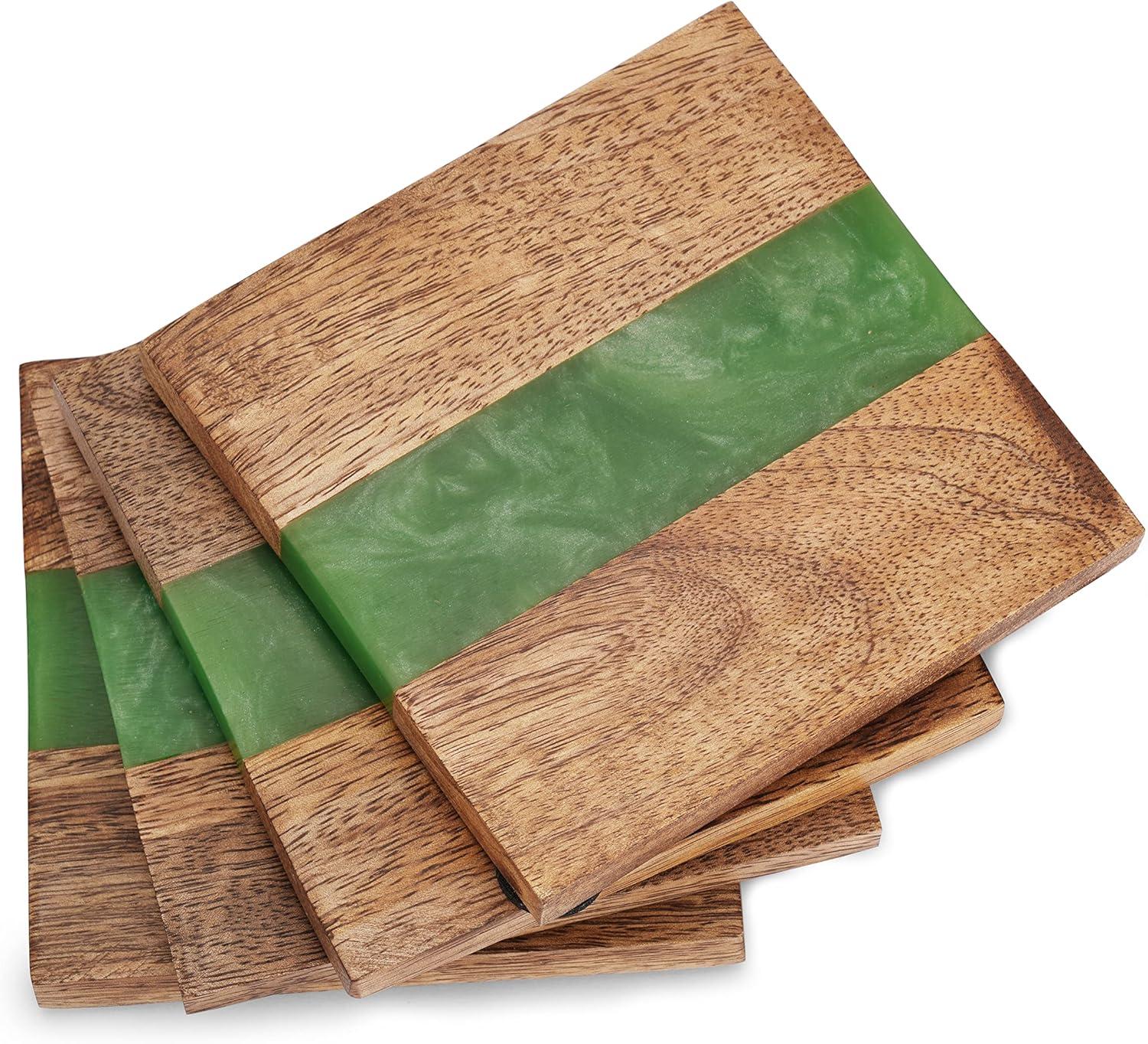 Handmade Green Resin and Wood Square Coasters Set of 4