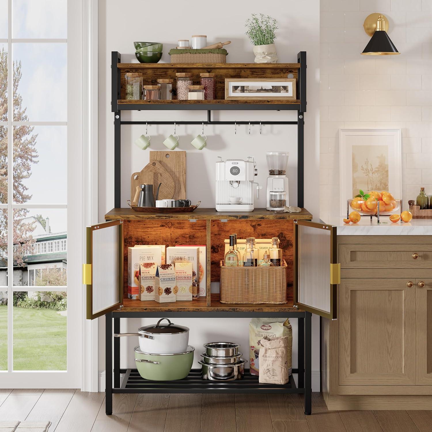 Bestier Coffee Bar with Storage, 5 Tier Microwave Stand with LED Lights, Kitchen Bakers Rack with Cabinet, Heavy Duty Storage Shelves for Kitchen Garage Pantry(Rustic Brown)
