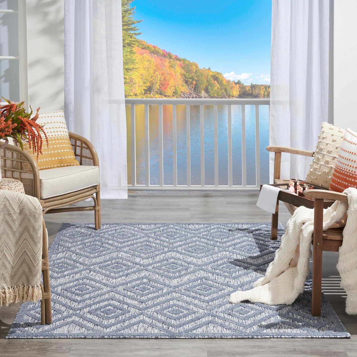 Nourison Versatile Diamond Geometric Flatweave Indoor Outdoor Area Rug Denim Blue 6' x 9'