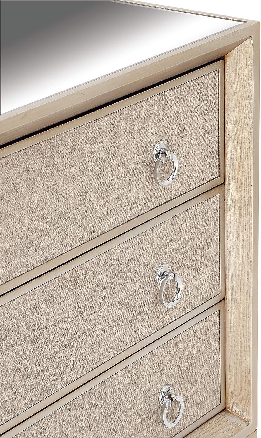 Imboden Wooden Upholstered Front Panel 3 Drawer Room Chest with Mirrored Top and Ring Handles