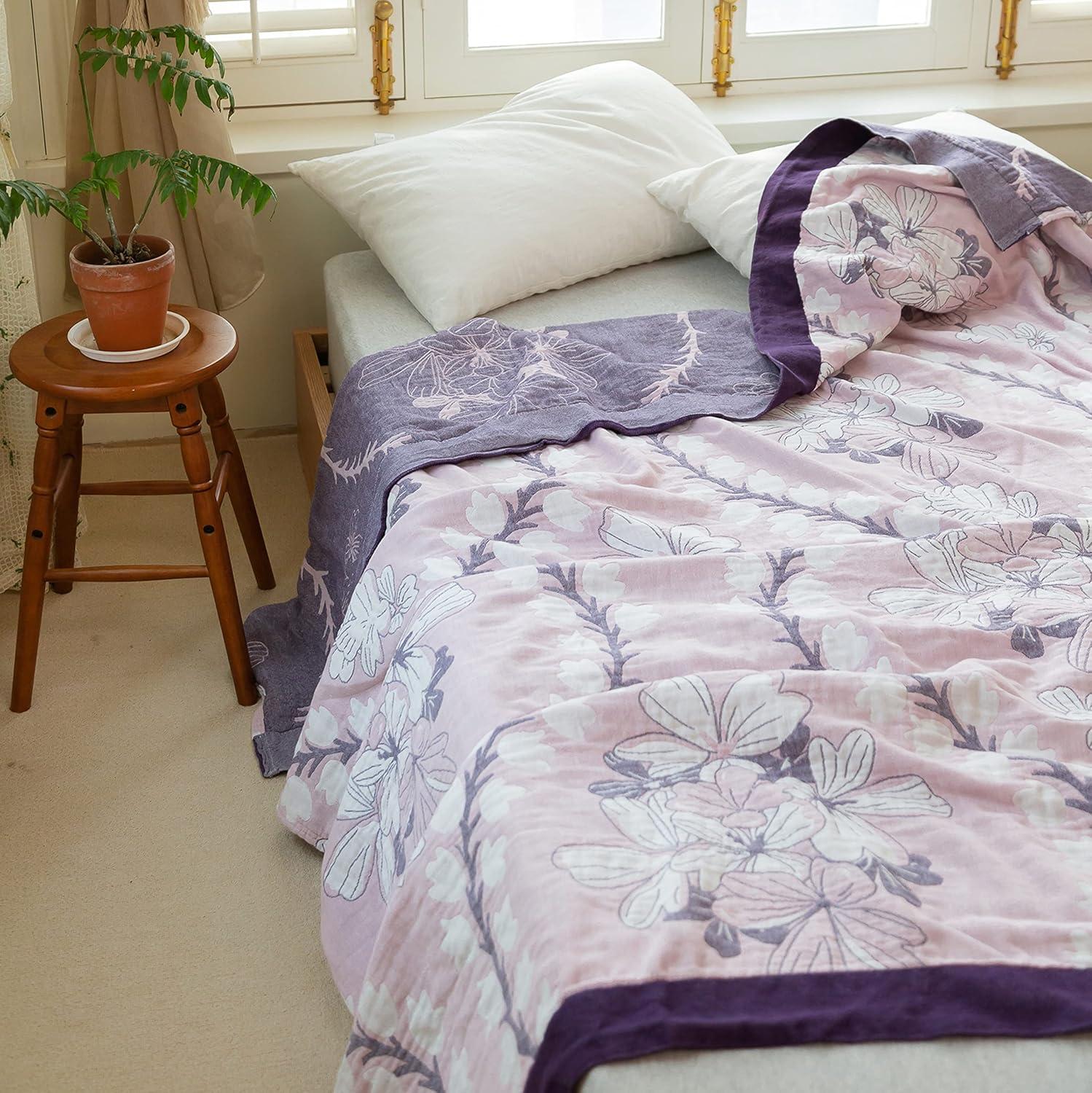 Scientific Sleep Muguet Lily Valley Flower Purple 100% Cotton Muslin Blanket Throw Cover for Bed Couch Sofa Cozy Soft Reversible Lightweight Warm Bedspread Coverlet Twin 60 in x 80 in
