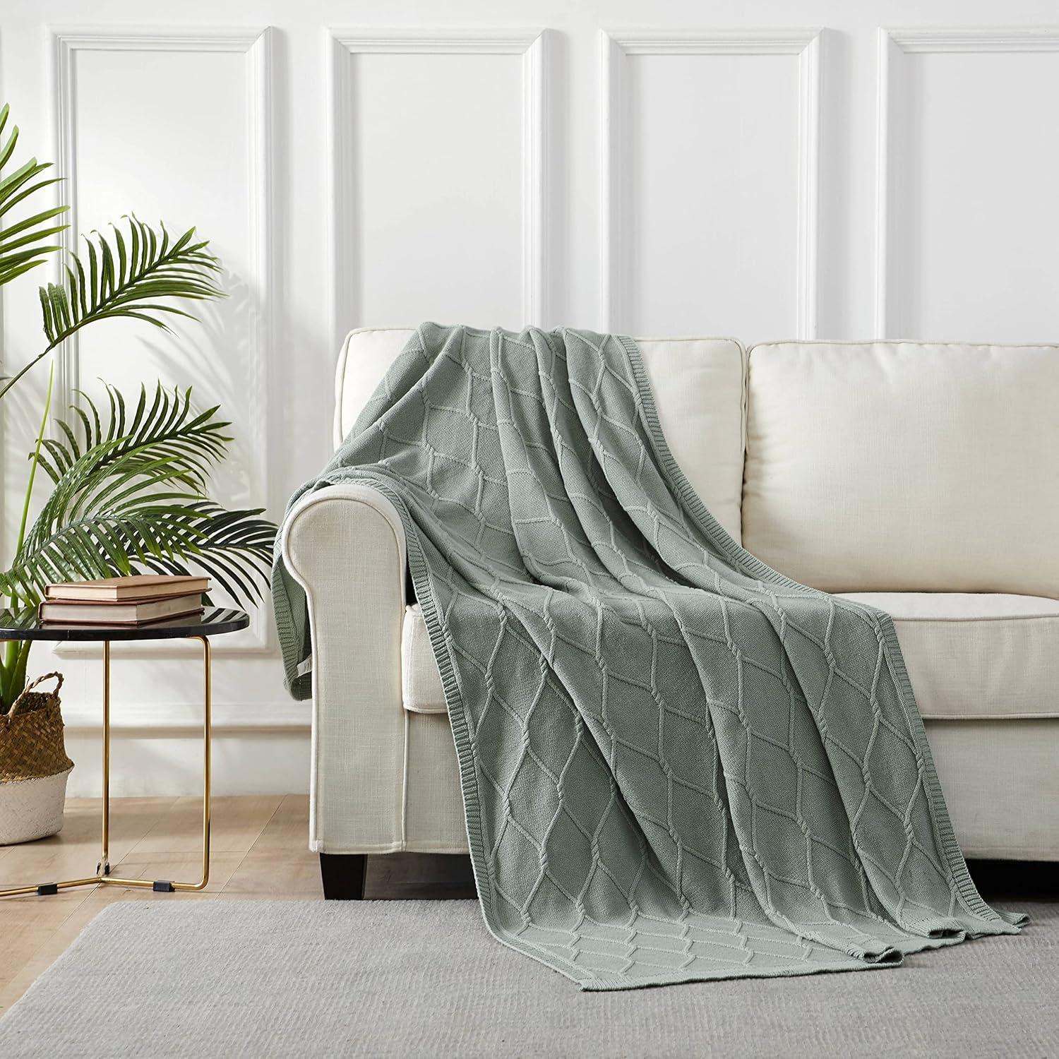 Sage Green Cotton Cable Knit Weighted Throw Blanket