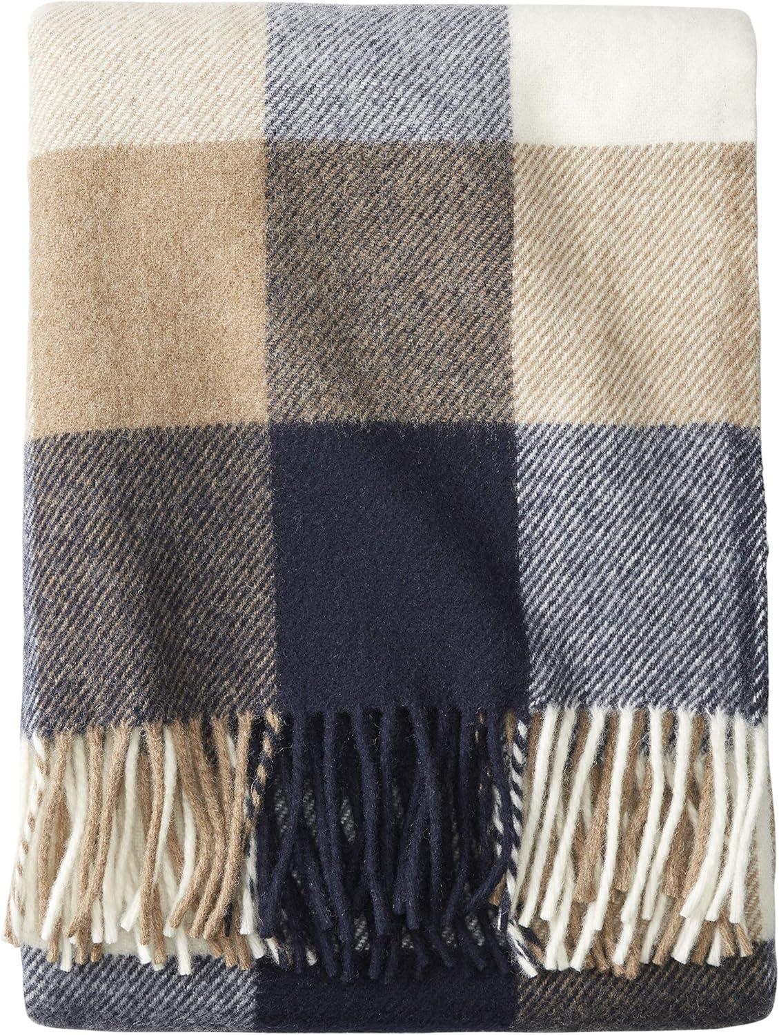 Navy and Beige Wool Machine Washable Throw Blanket with Fringe