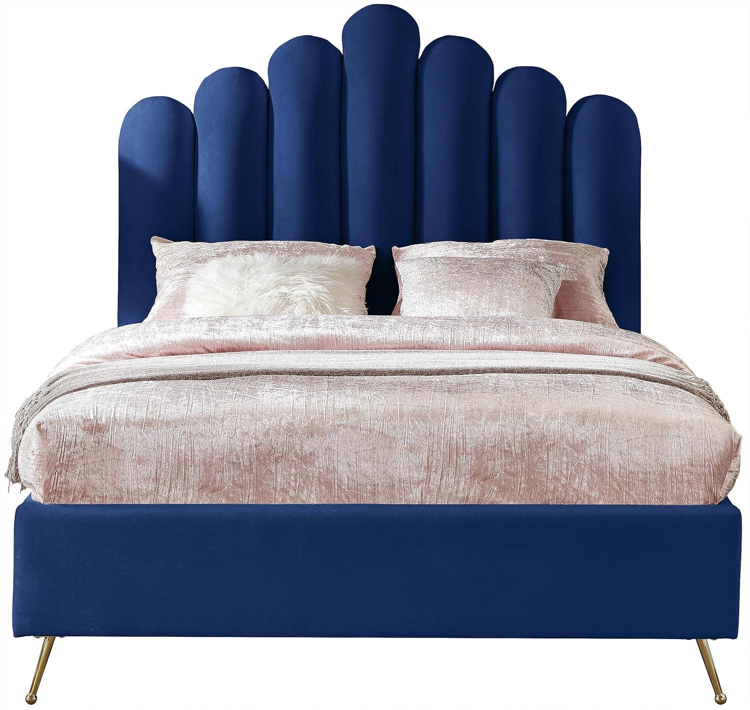 Meridian Furniture Lily Solid Wood and Tufted Velvet Full Bed in Navy