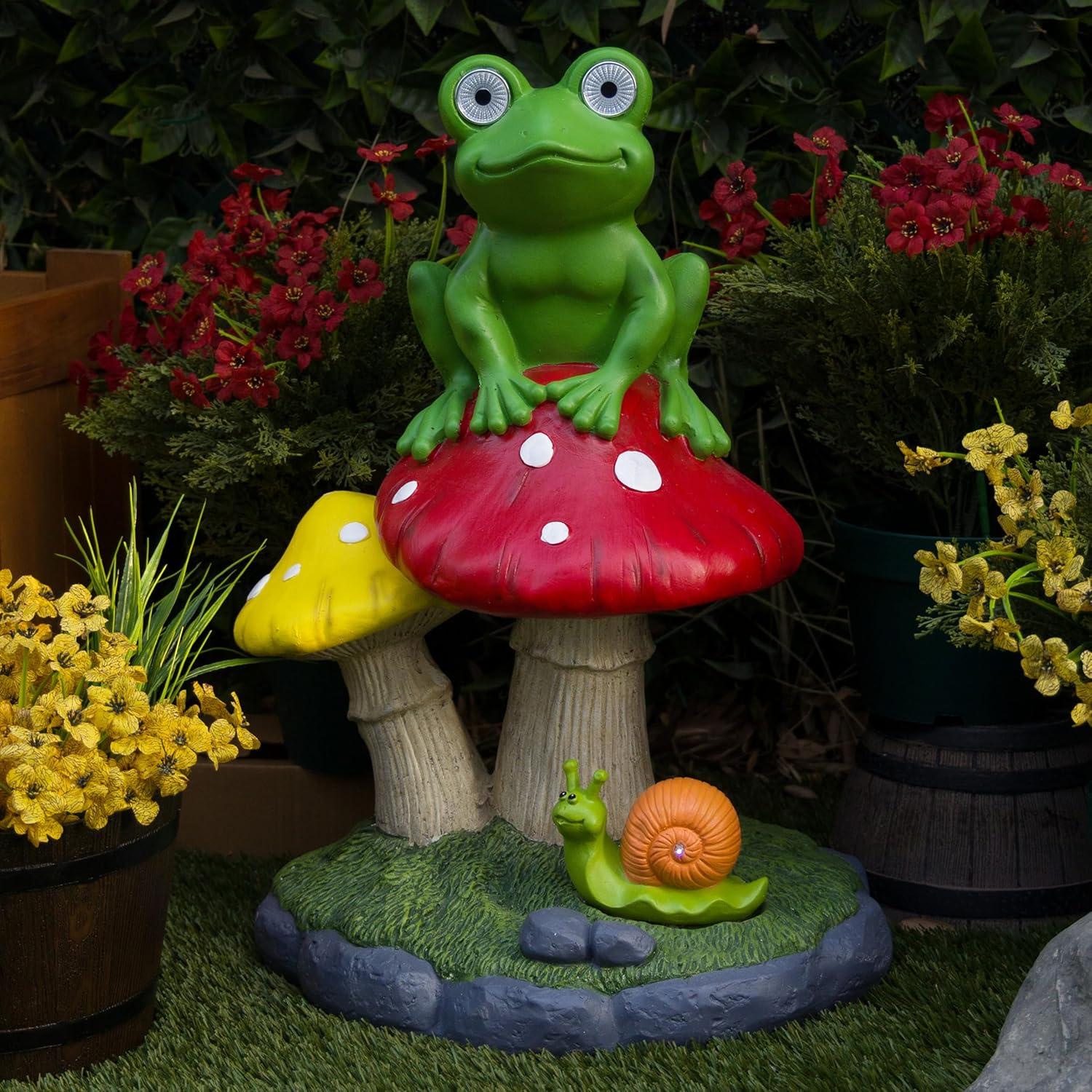 Solar Frog Sitting On Top of Mushroom Statue