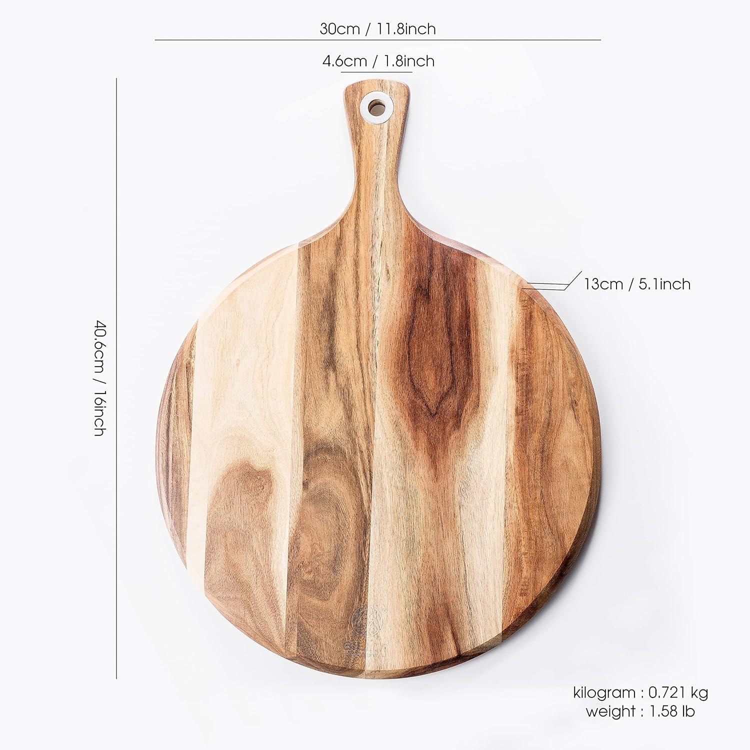 Acacia Wood Pizza Peel,12” Cutting Board, Cheese Paddle Board, Bread and Crackers Platter for Serving and Minor Food Prepare with Handle - 16 x 12 x 0.5 Inch