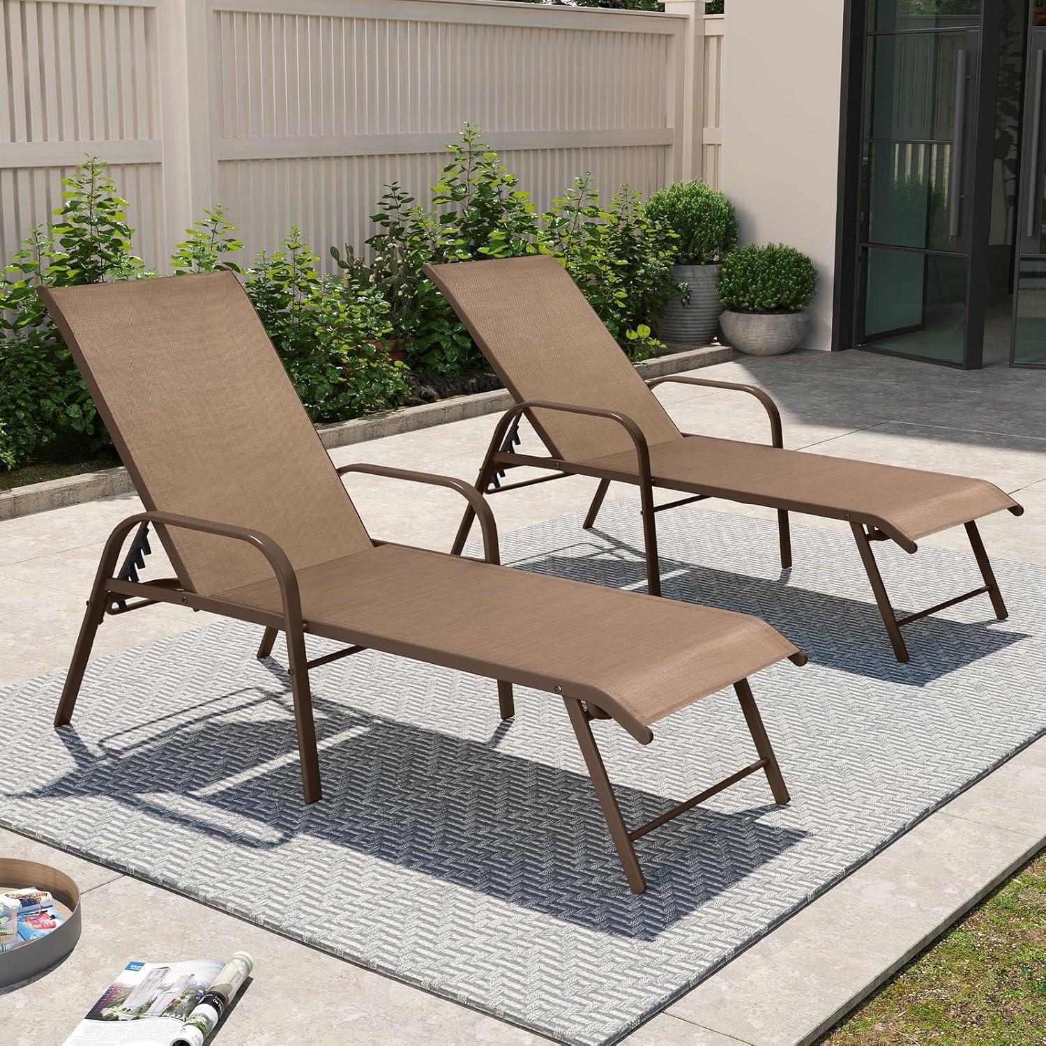 Crestlive Products Set of 2 Aluminum Patio Chaise Lounge Chairs Outdoor Recliners, Brown