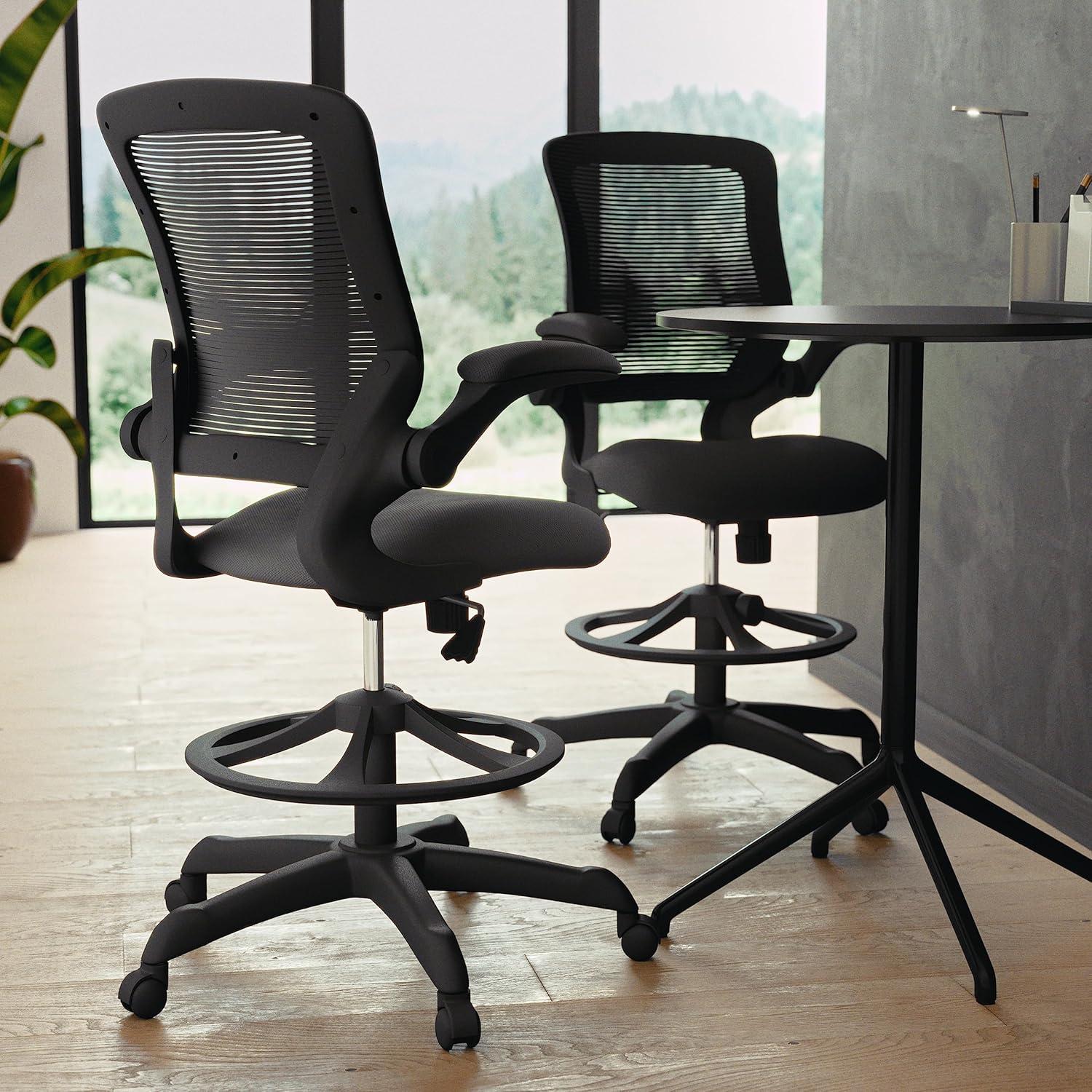 Flash Furniture Mid-Back Mesh Ergonomic Drafting Chair with Adjustable Foot Ring and Flip-Up Arms