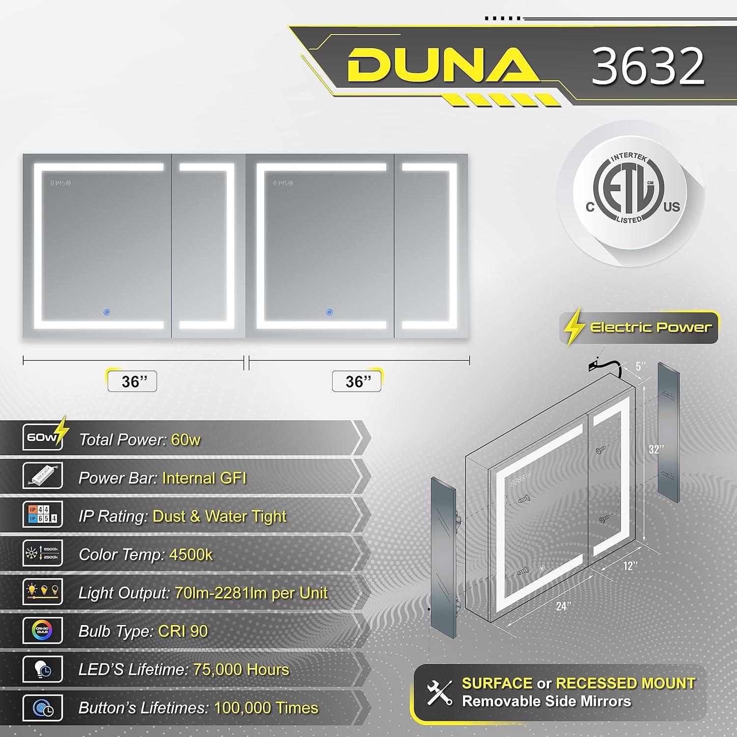 DECADOM LED Mirror Medicine Cabinet Recessed or Surface, Dimmer, Clock, Room Temp Display, Dual Outlets (Duna 36x32)