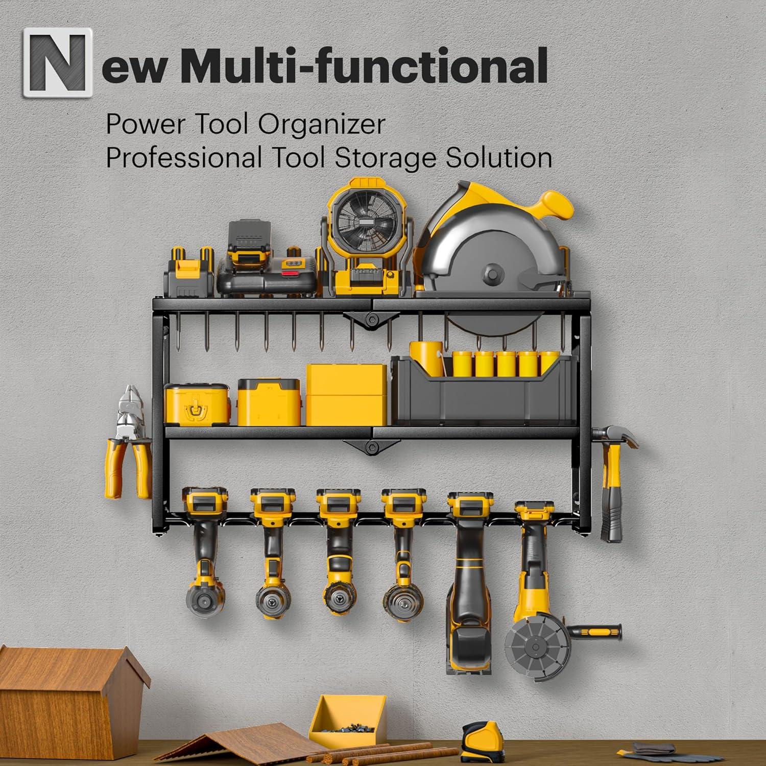 Spampur Power Tool Organizer Wall Mount with Charging Station, Garage Tool Shelf 6 Drill Holders, Tool Battery Holder with Plier holder Heavy Duty Rack, Tool Storage Rack with 4 Outlet Power Strip