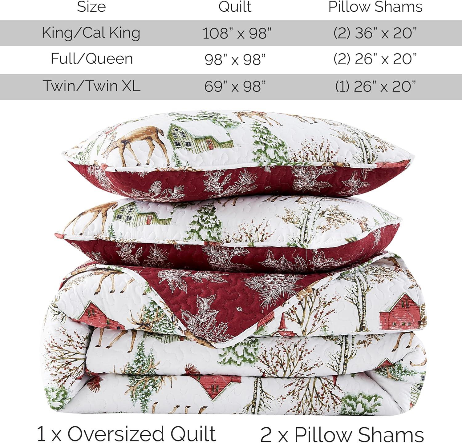 White and Red Reversible Christmas Twin Microfiber Quilt Set