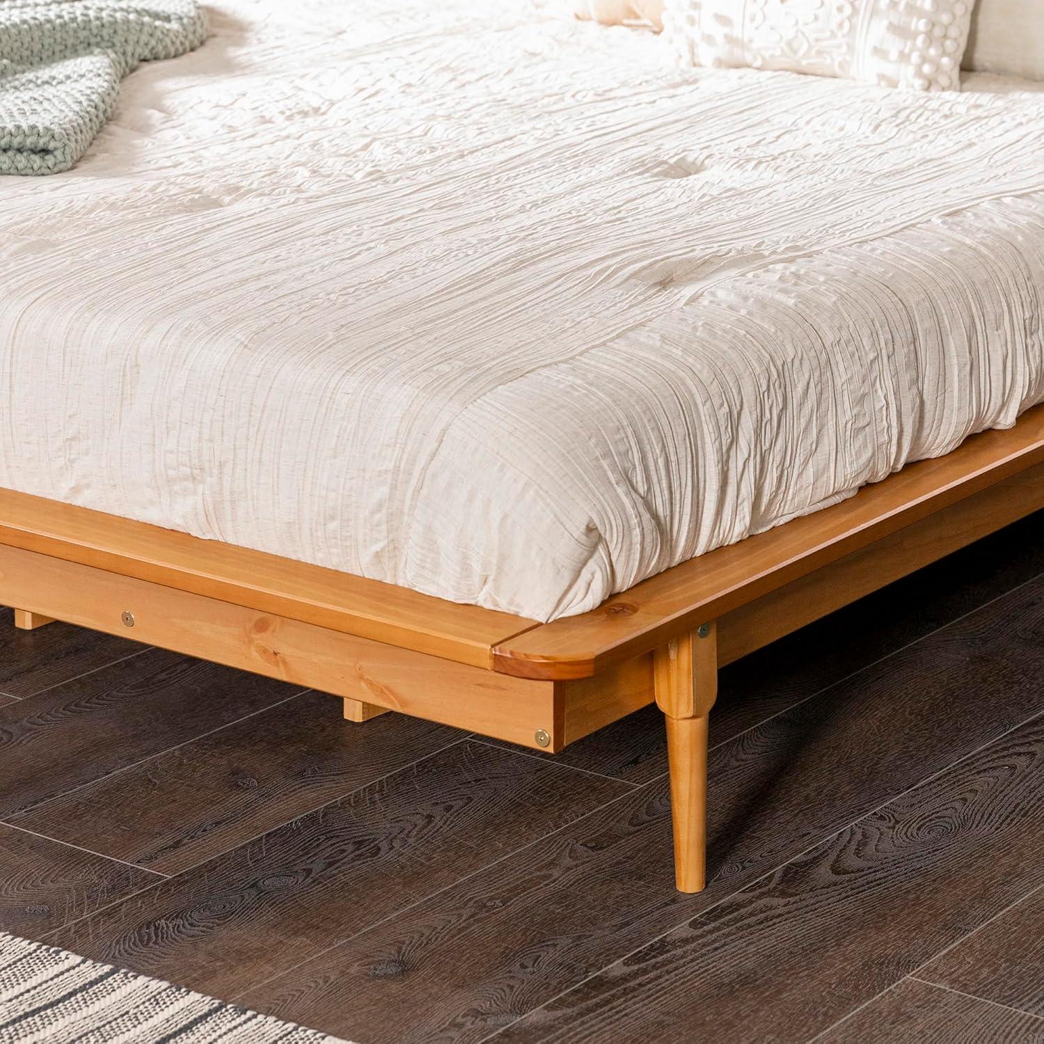 King-Size Mid-Century Modern Solid Pine Platform Bed - Walnut Finish