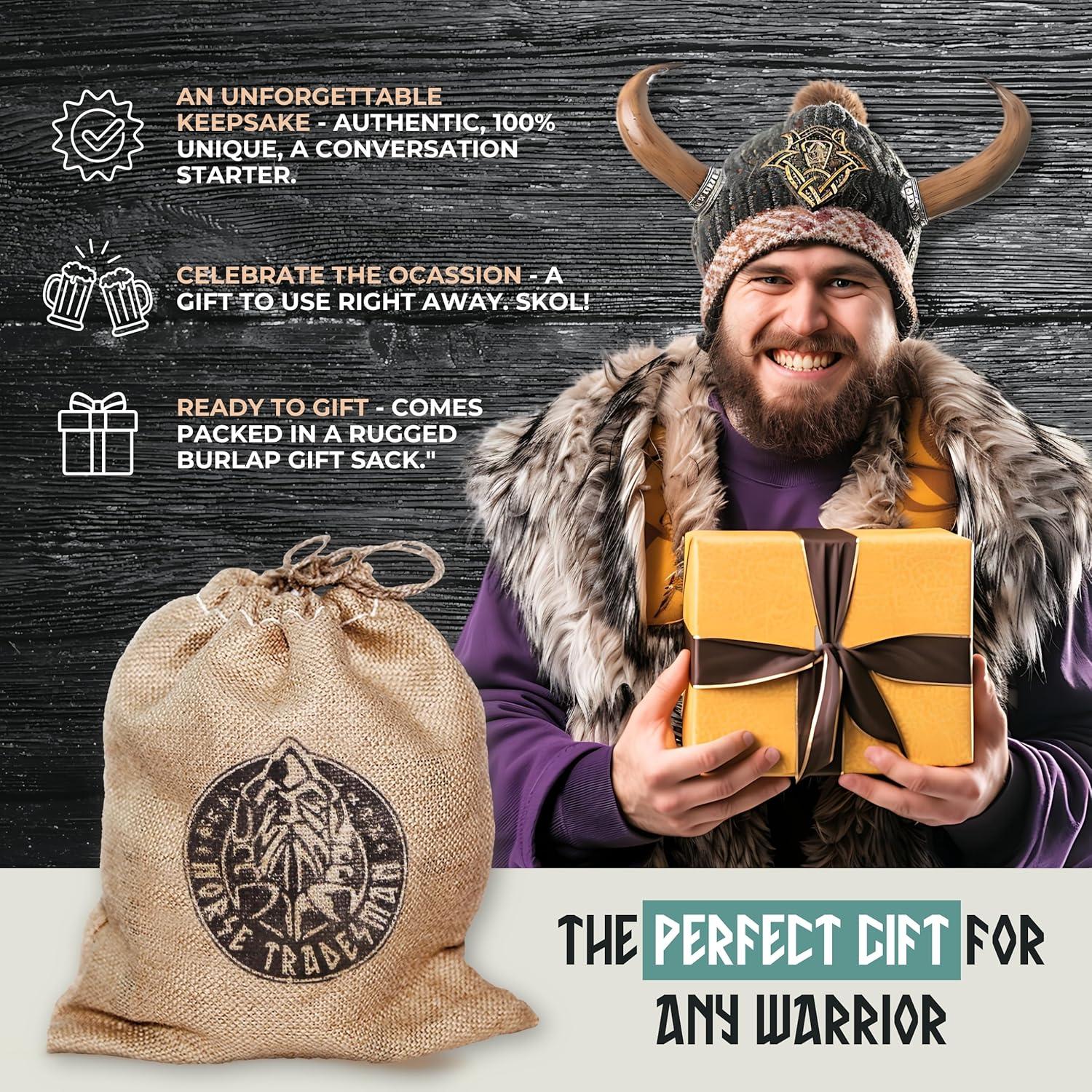 Norse Tradesman Genuine LG Viking Drinking Horn Mug - 100% Authentic Beer Horn Tankard With Hardwood Bottom & Ring Engravings | "The Eternal", Unpolished, approx. 16 oz