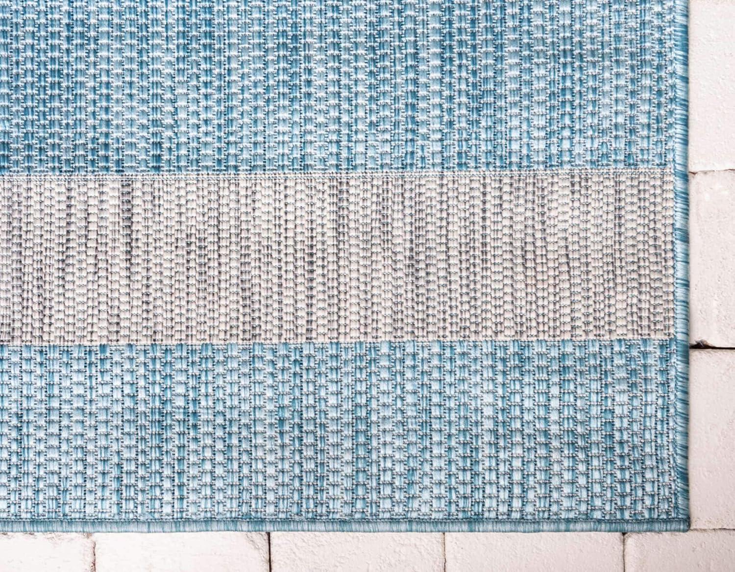 Aqua Blue and Ivory Stripe 4' x 6' Easy-Care Outdoor Rug
