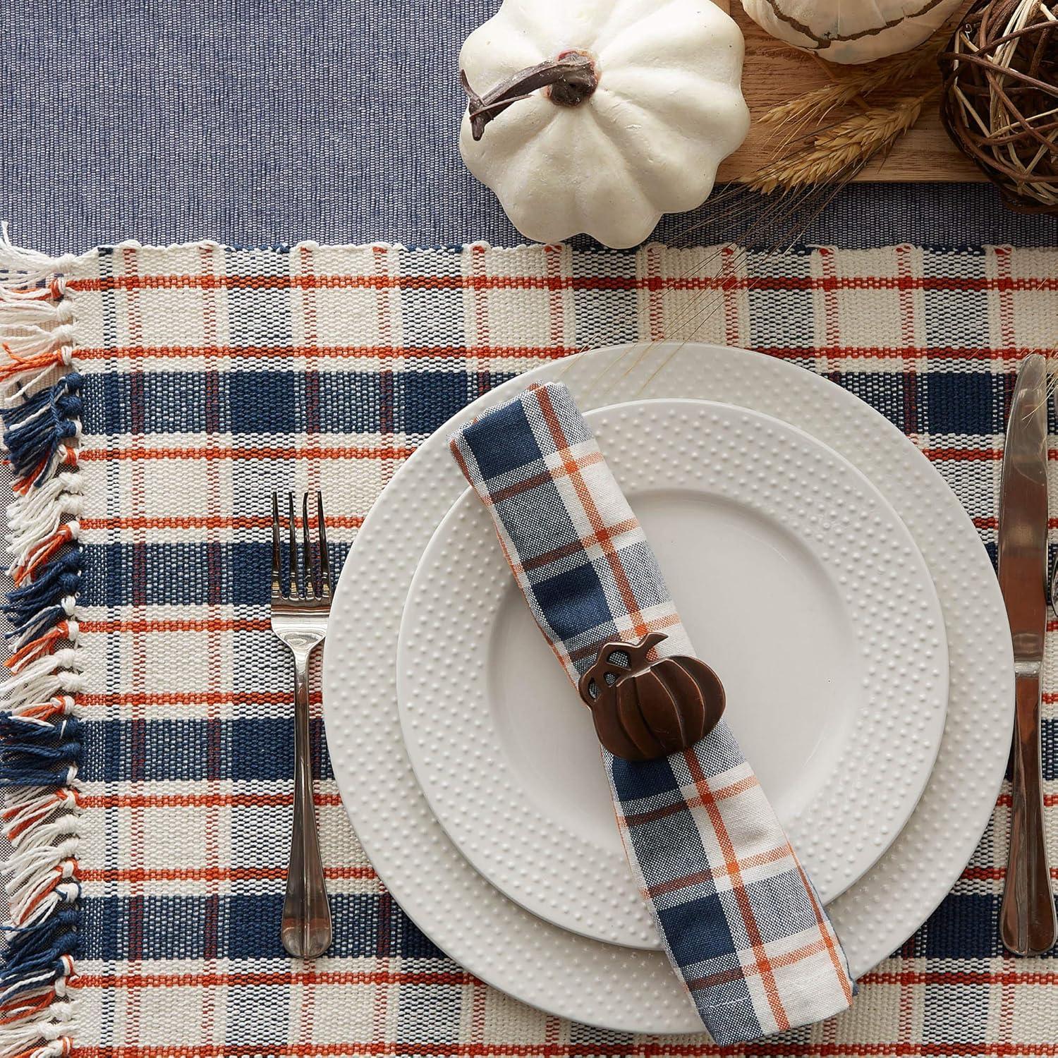 Rustic Navy and Orange Plaid Cotton Napkin Set of 6