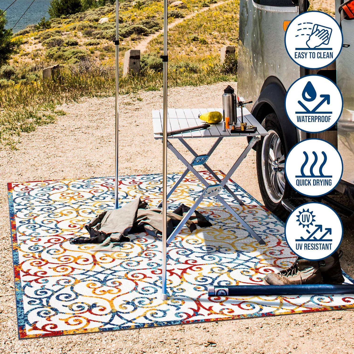 3'x5' Atrani Scroll Trellis Indoor/Outdoor Area Rug, Cream/Blue/Red - JONATHAN Y