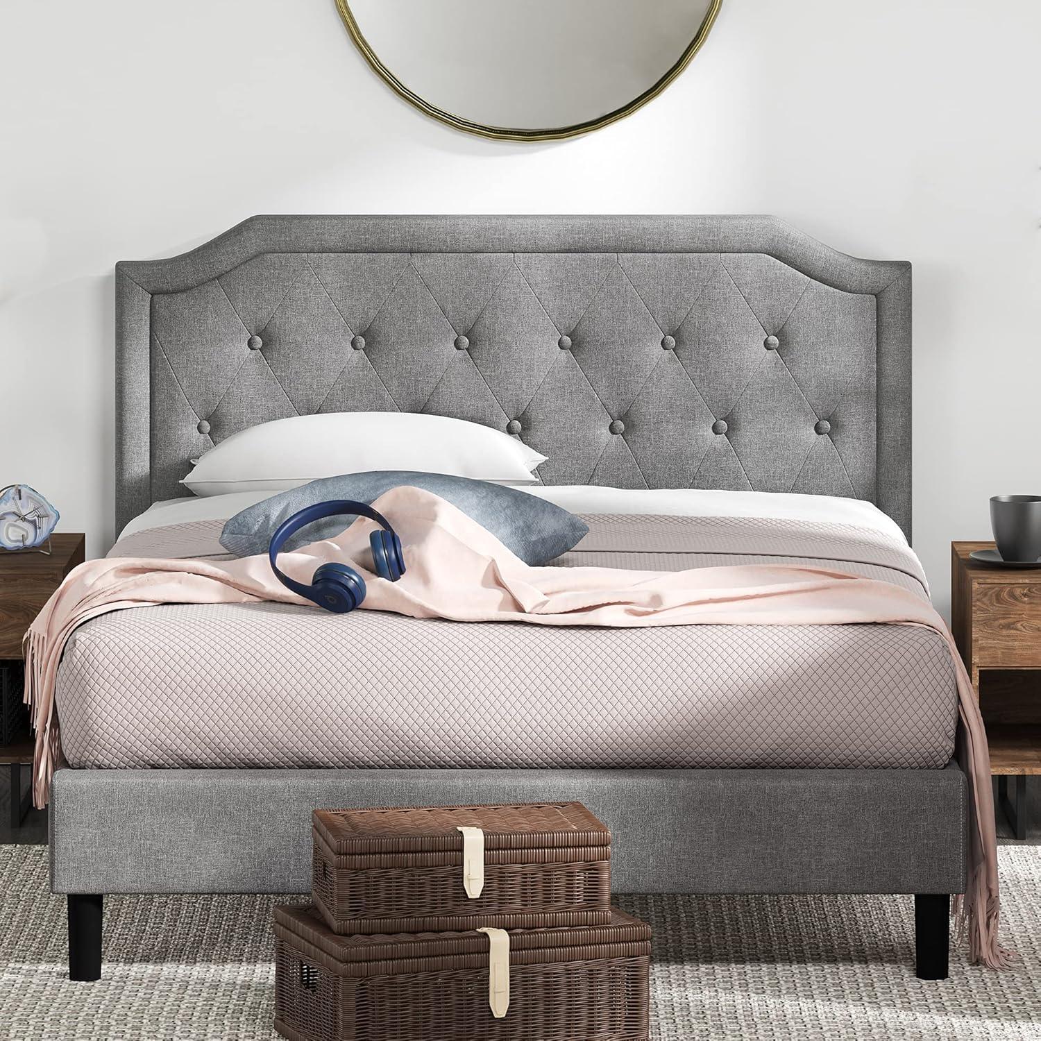 Queen-Sized Scalloped Edge Upholstered Platform Bed with Tufted Headboard