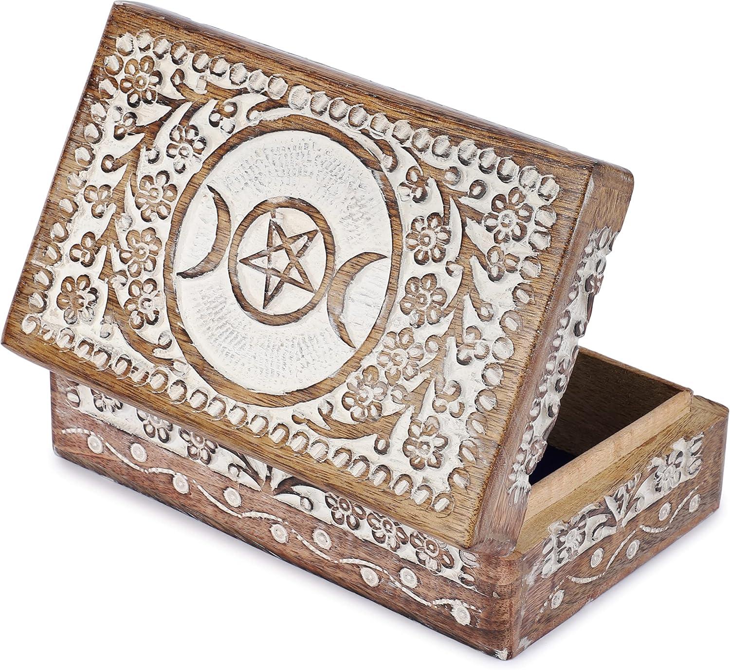 Ajuny Wooden Hand Carved Decorative Jewelry Storage Box with Moon Star Flower Carvings
