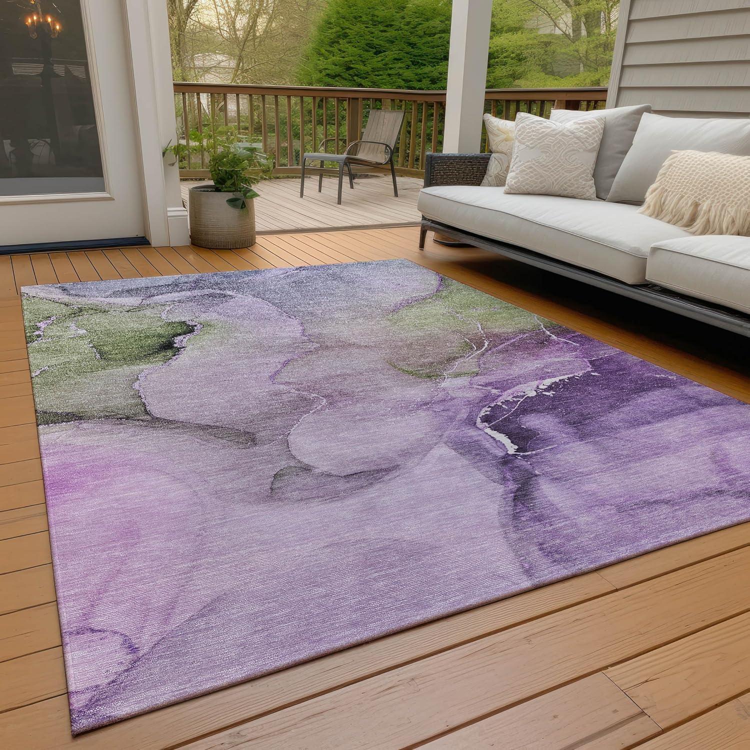 Purple and Green Watercolor Rectangular Synthetic Rug