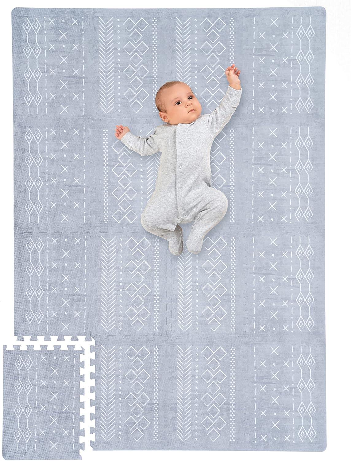 Gray and White Soft Foam Baby Play Mat with Interlocking Tiles