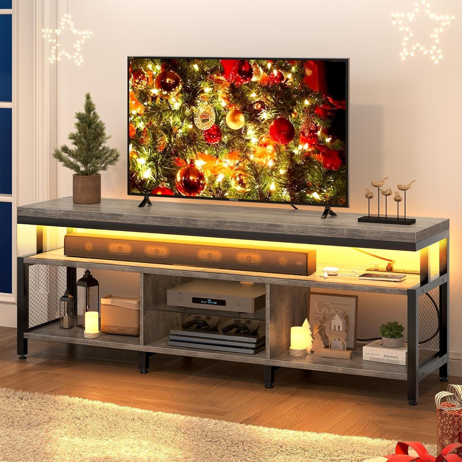 Gray Engineered Wood 63'' TV Stand with LED Lights