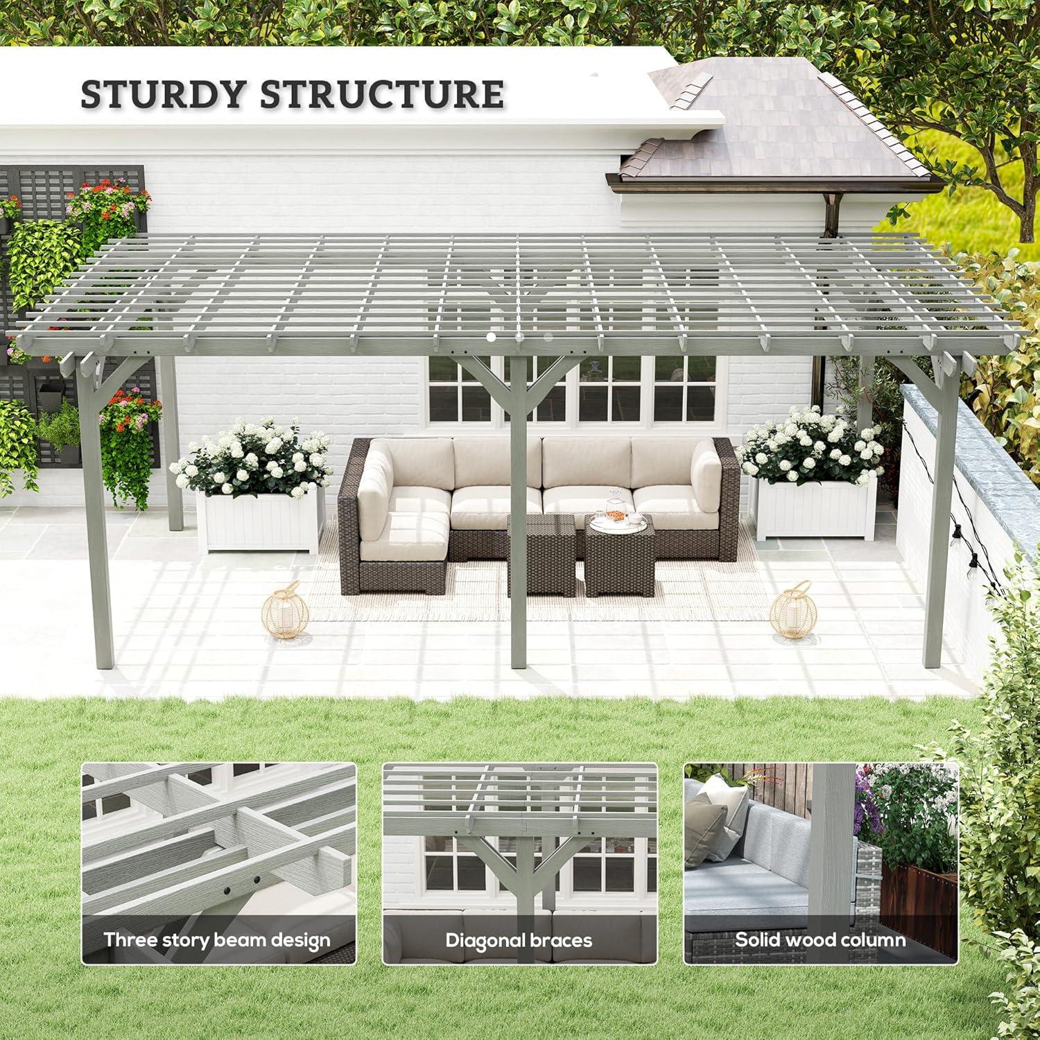 Outsunny 12' x 20' Wooden Pergola Grape Trellis, Outdoor Gazebo for Garden, Patio, Backyard, Deck, Gray