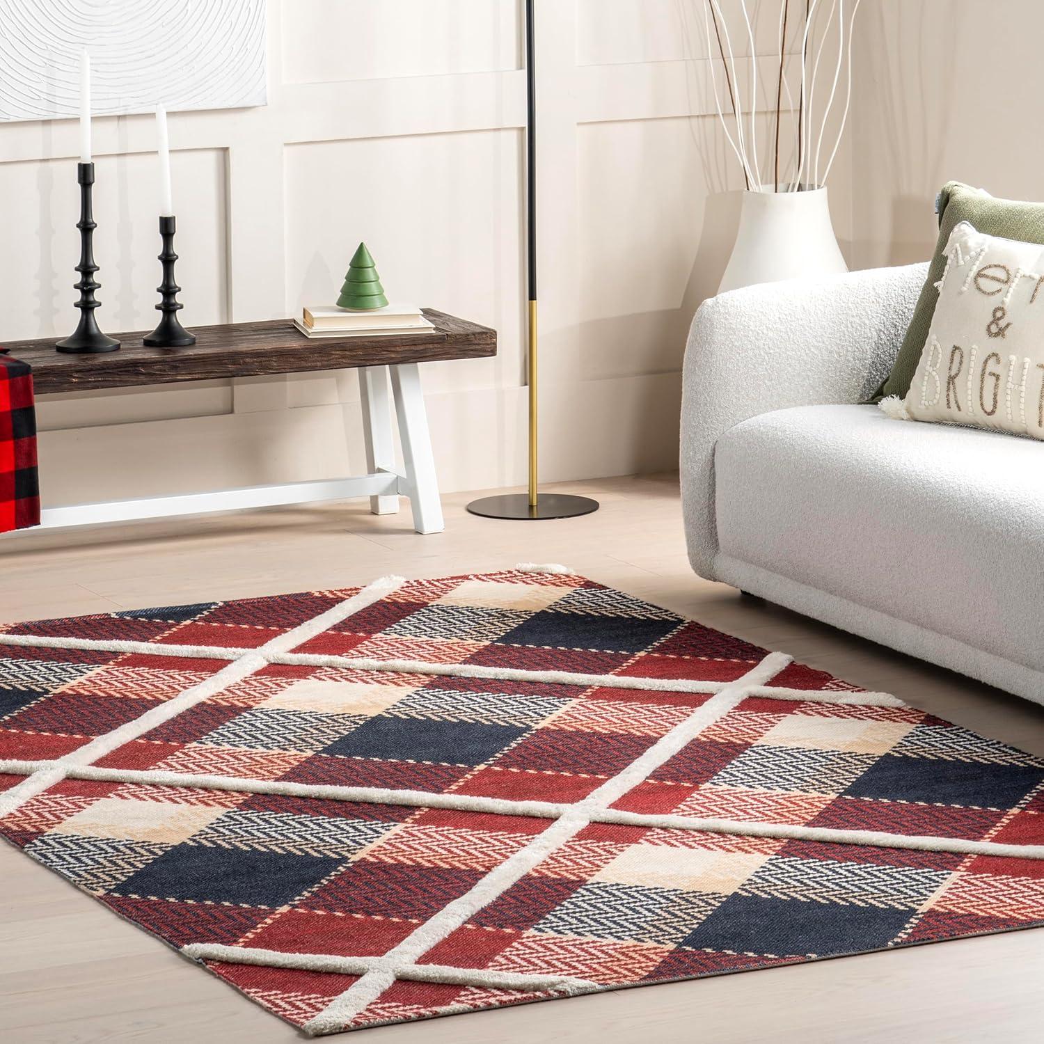 Nuloom Anastasia Plaid 9x12 Wool Indoor Area Rug for Living Room Bedroom Dining Room Kitchen, Red/Dark Blue