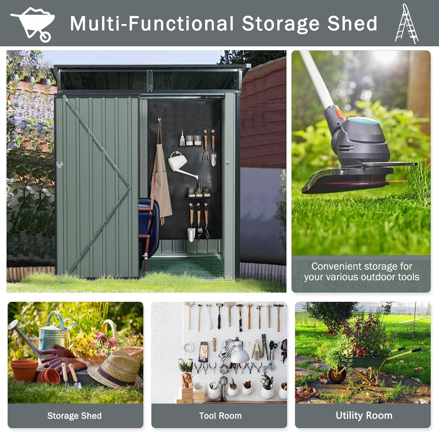 5 FT×3 FT Outdoor Storage Shed with Padlock, Metal Garden Storage Shed with Floor & Lockable Door, Utility Tool Shed with Air Vent for Backyard, Patio, Lawn (Gray)