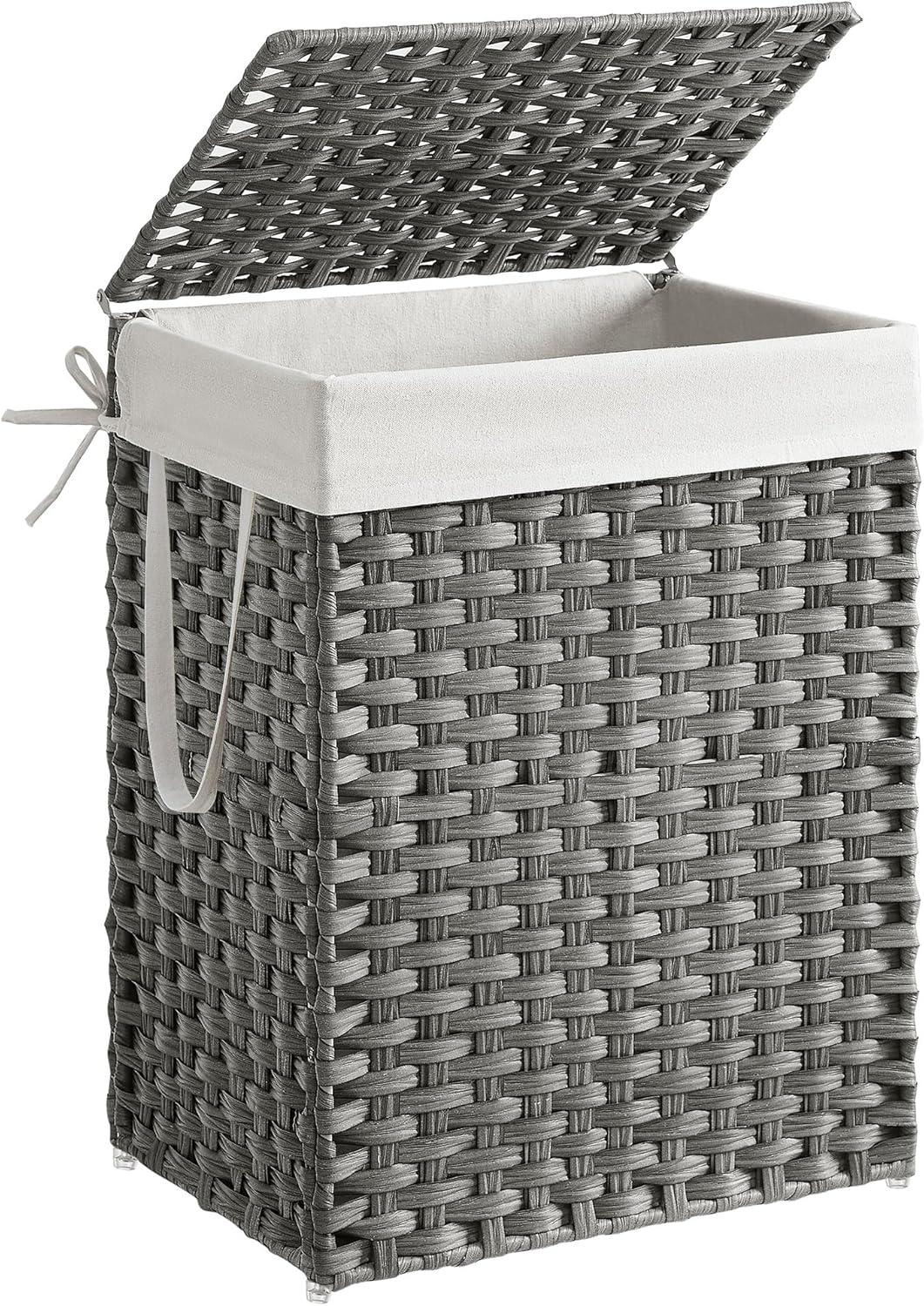 90L Large Laundry Hamper with Wheels,Rolling Laundry Basket with Lid and Renovable Liner Bag,Handwoven Rattan Organizer for bedroom, bathroom, laundry room (Grey)