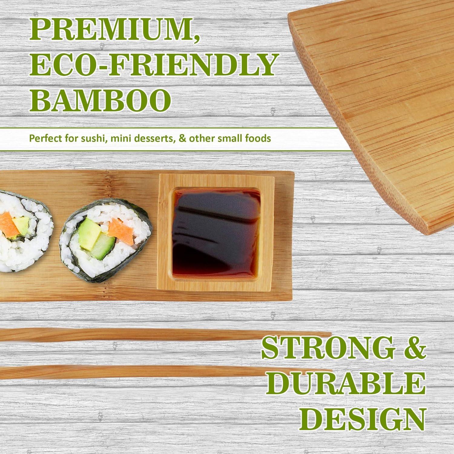 BambooMN 6 Piece, 2 Sets of 7" Reusable, Eco-Friendly, Carbonized Brown Bamboo Sushi Serving Plates/Trays: Chopsticks, and Soy Sauce Dishes Included!
