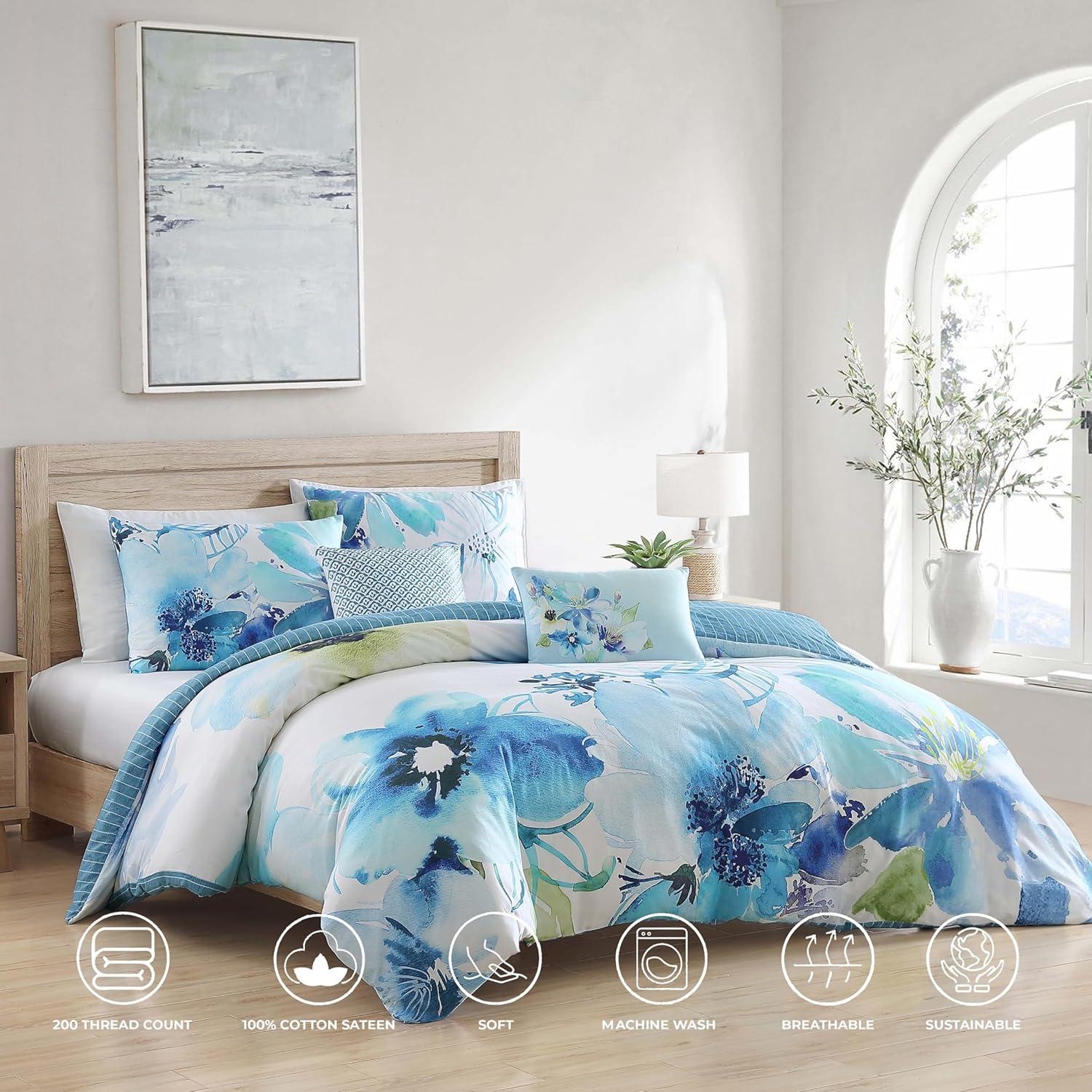 Bebejan Watercolor Blue 100% Cotton Sateen 5 Piece Reversible Comforter Set