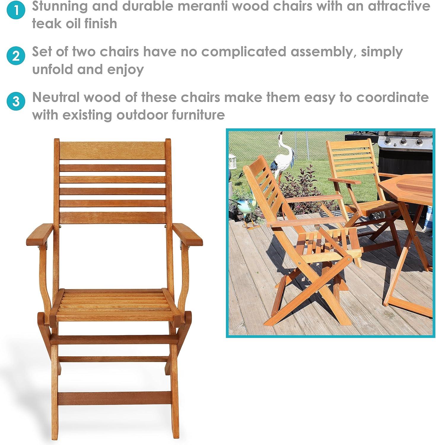 Sunnydaze Meranti Wood with Teak Oil Finish Wooden Folding Patio Lawn Slatted Arm Chairs Set - Brown - 2pk