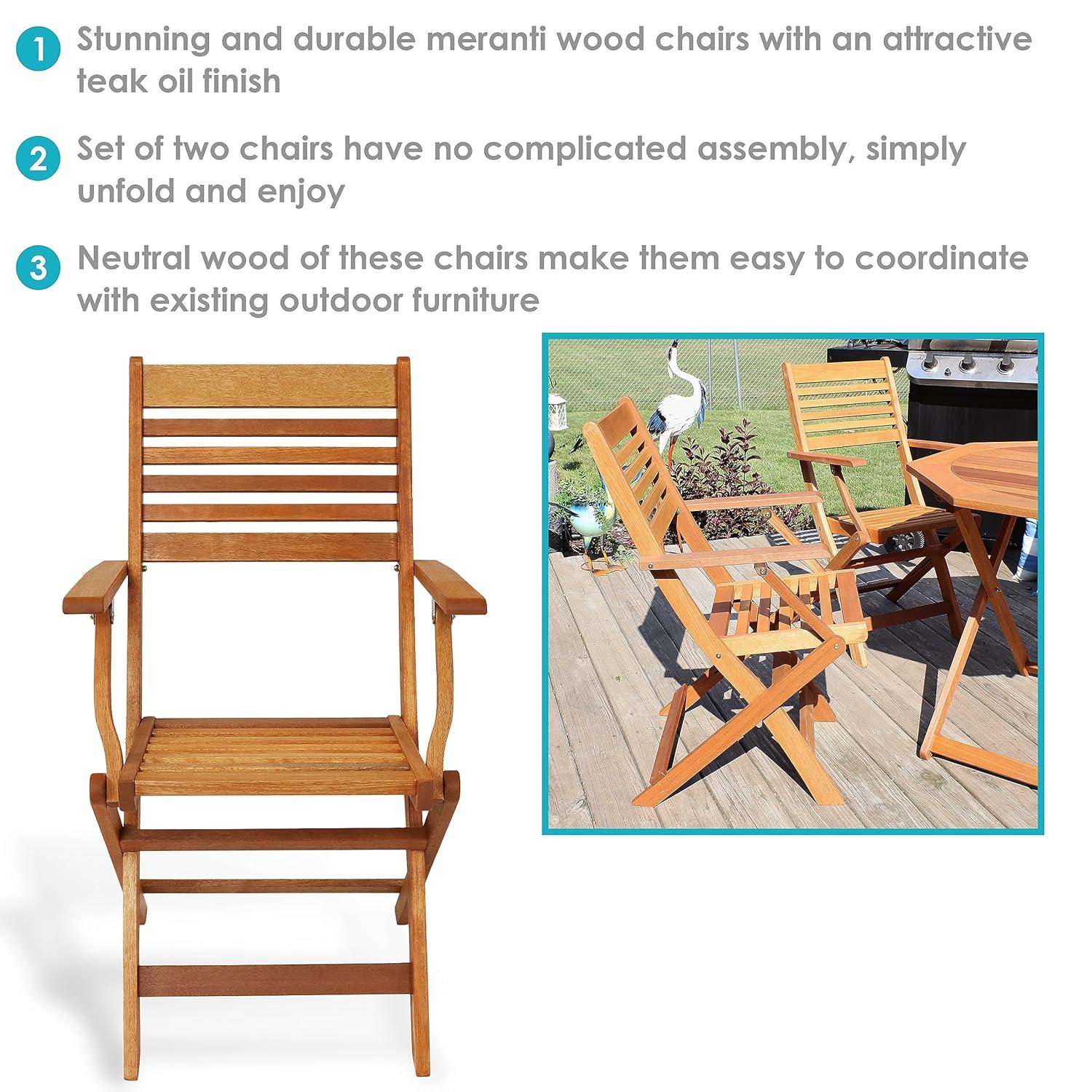 Sunnydaze Meranti Wood with Teak Oil Finish Wooden Folding Patio Lawn Slatted Arm Chairs Set - Brown - 2pk