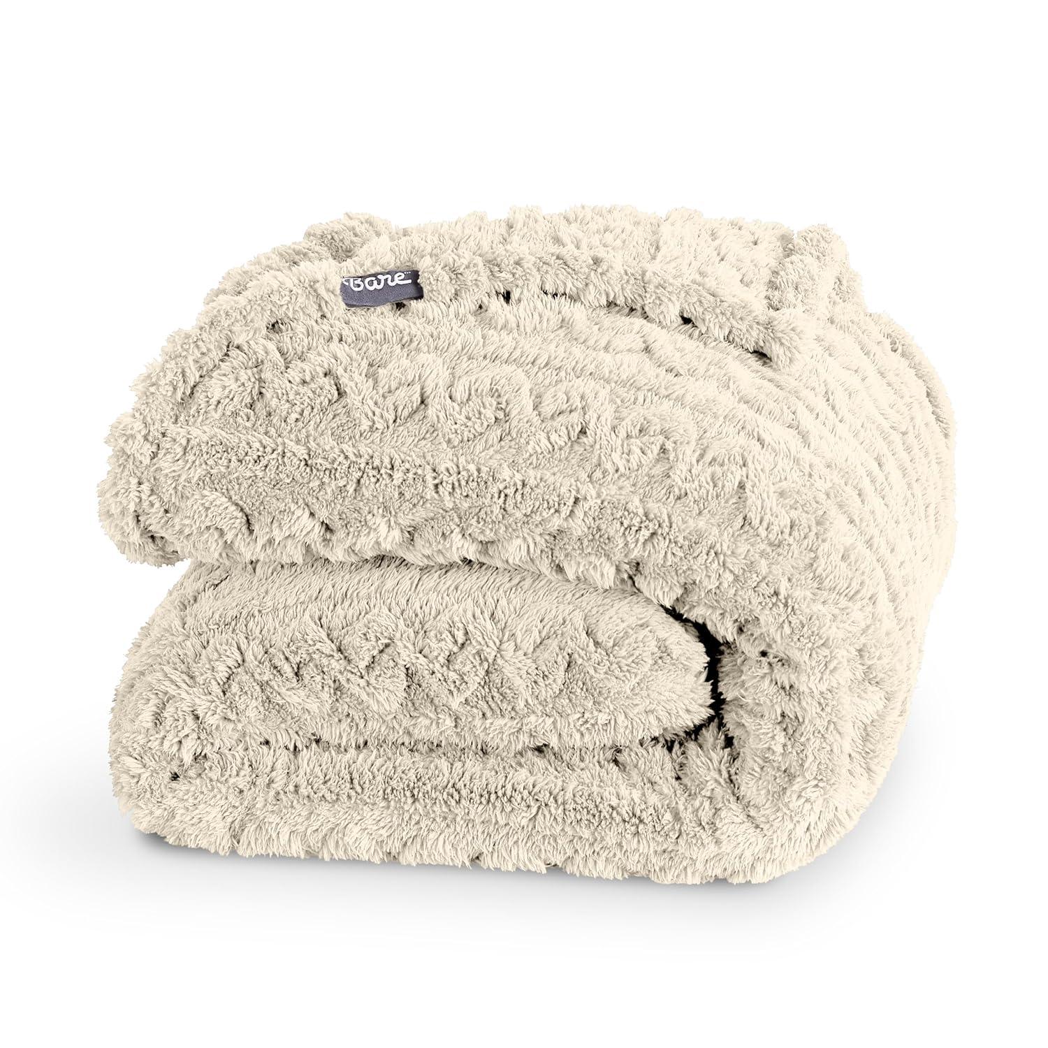 Oyster - Cable Twin/Twin XL Cozy Faux Shearling Bed Blanket by Bare Home