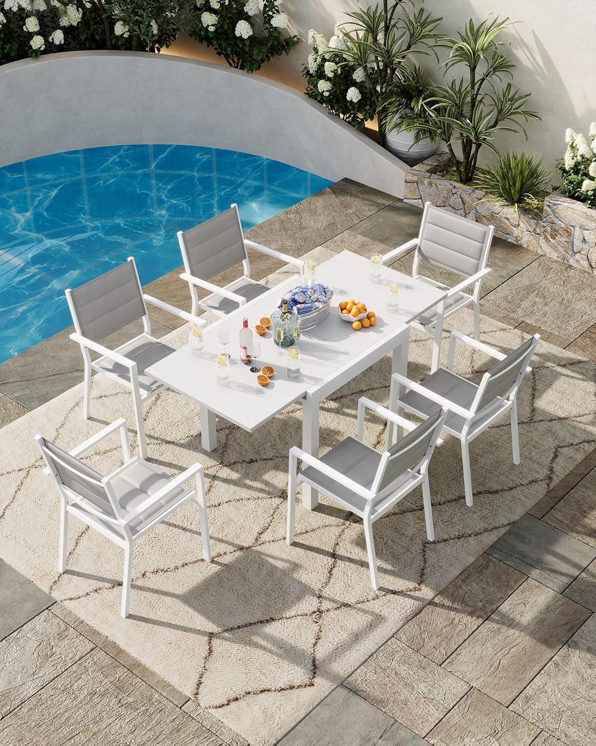 Garvee Expandable Outdoor Dining Table – Adjustable Patio Table for 4-6 People, Durable Aluminum Slat Frame for Backyard, Deck, and Porch, White