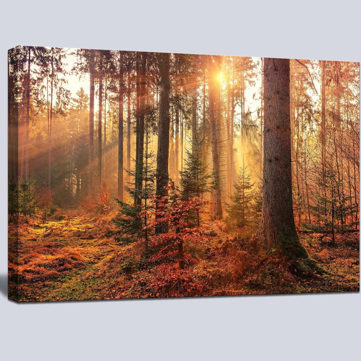 Shadudu  Mystery Forest Light Wall Art, Nature Landscape Pictures Canvas Prints Wall Decor, Autumn Trees Paintings Hang for Office Bedroom, Bathroom, Living Room for Home Decoration  36x24in