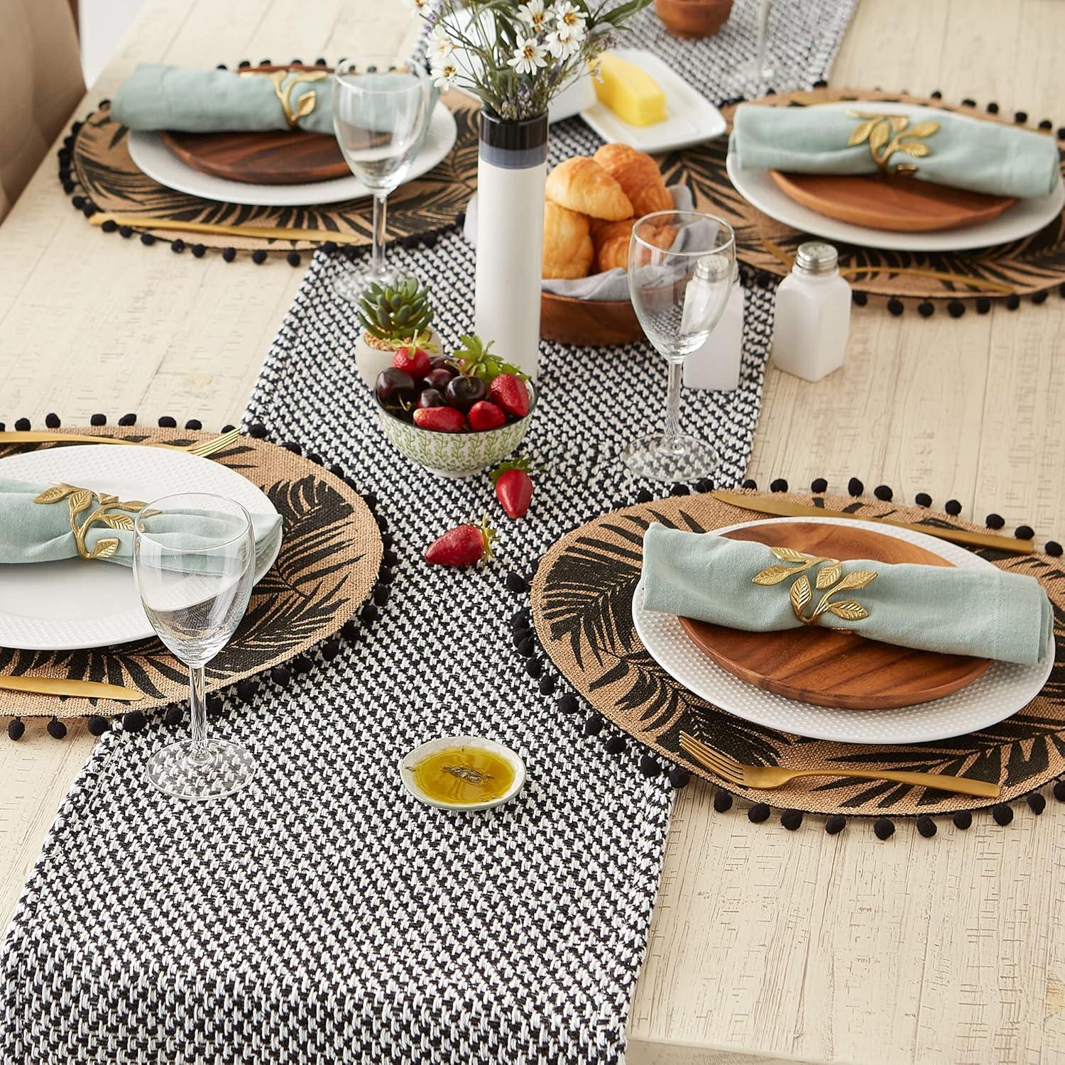 Design Imports  Woven Jacquard Fringe Table Runner, Black, 15X72"
