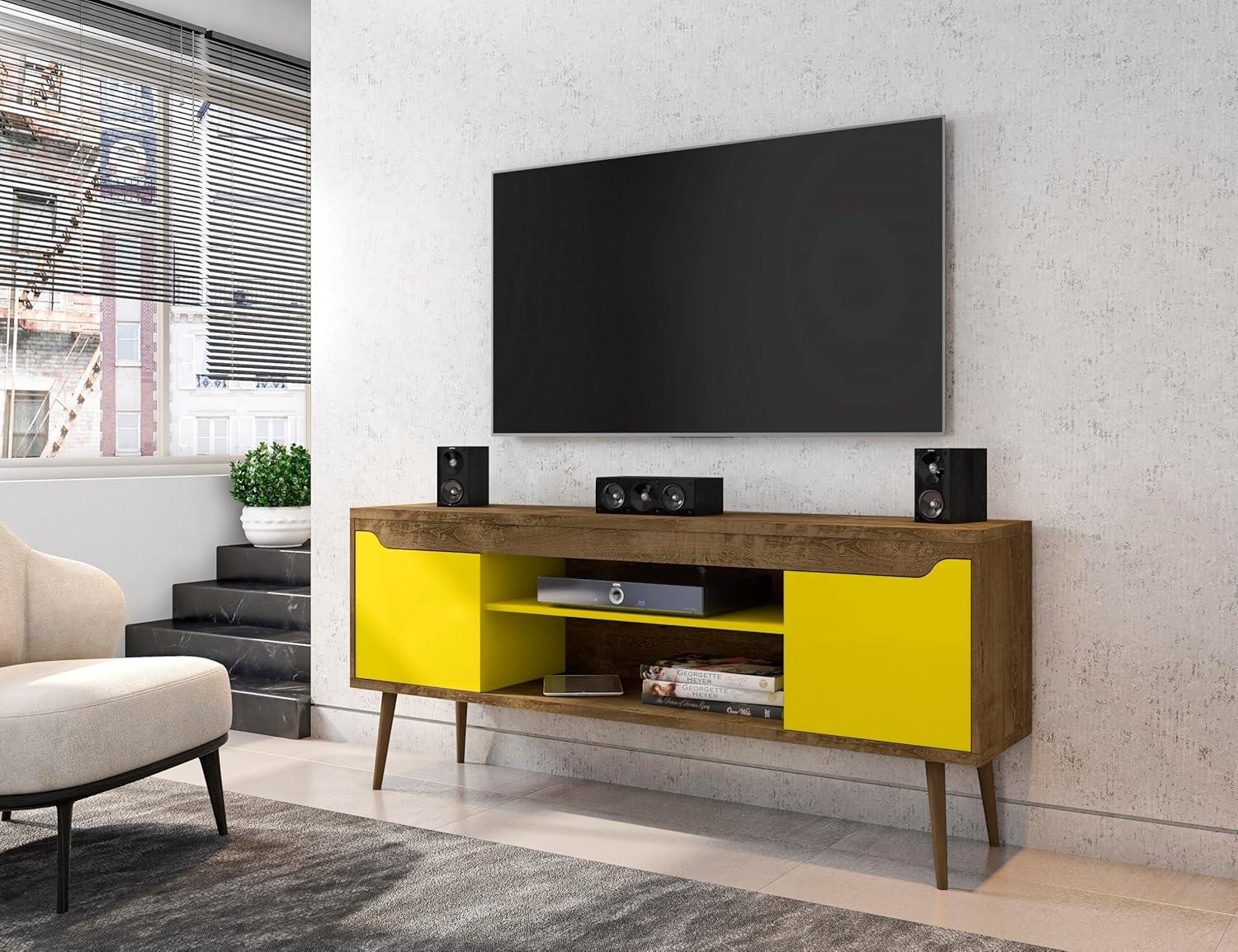 Manhattan Comfort Bradley TV Stand for TVs up to 60" Rustic Brown/Yellow: Mid-Century Modern Media Console with Open Shelves