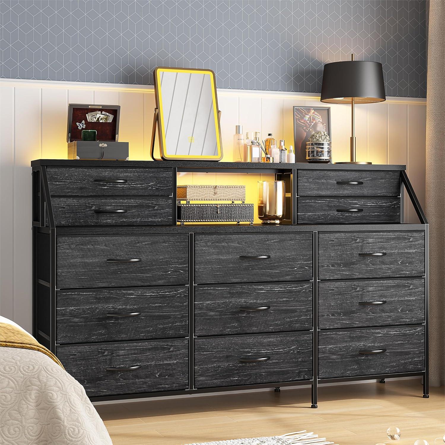 EnHomee 55"W Dresser for Bedroom Black Fabric Dresser with 13 Drawers Long Dressers & Chests of Drawers for , Living Room,Entryway