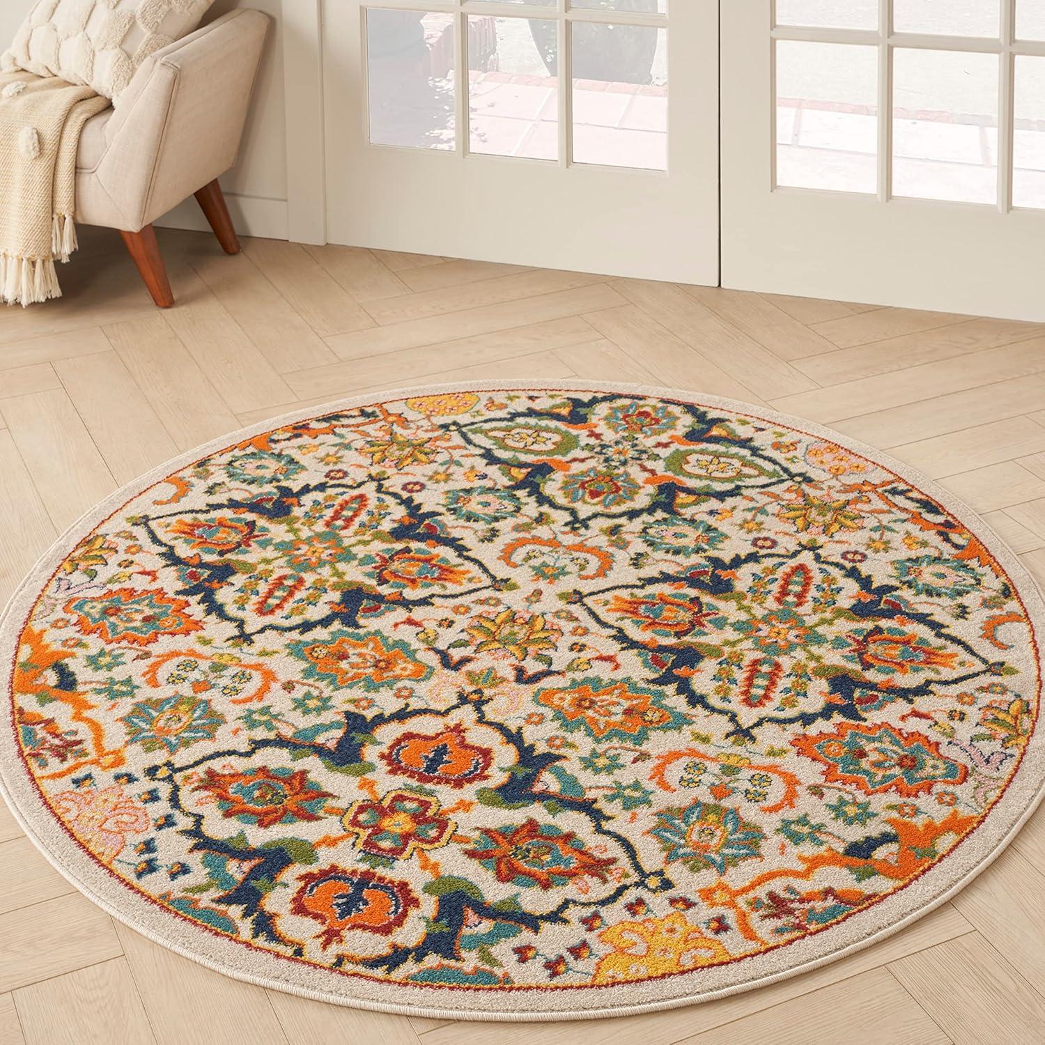 Allur 5'3" Round Ivory Multicolor Bohemian Floral Area Rug